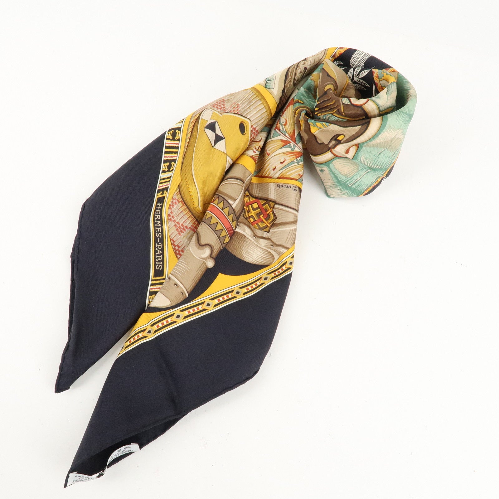 HERMES Silk 100% Carre 90 Scarf Au Son du Tam Tam Black Beige Used