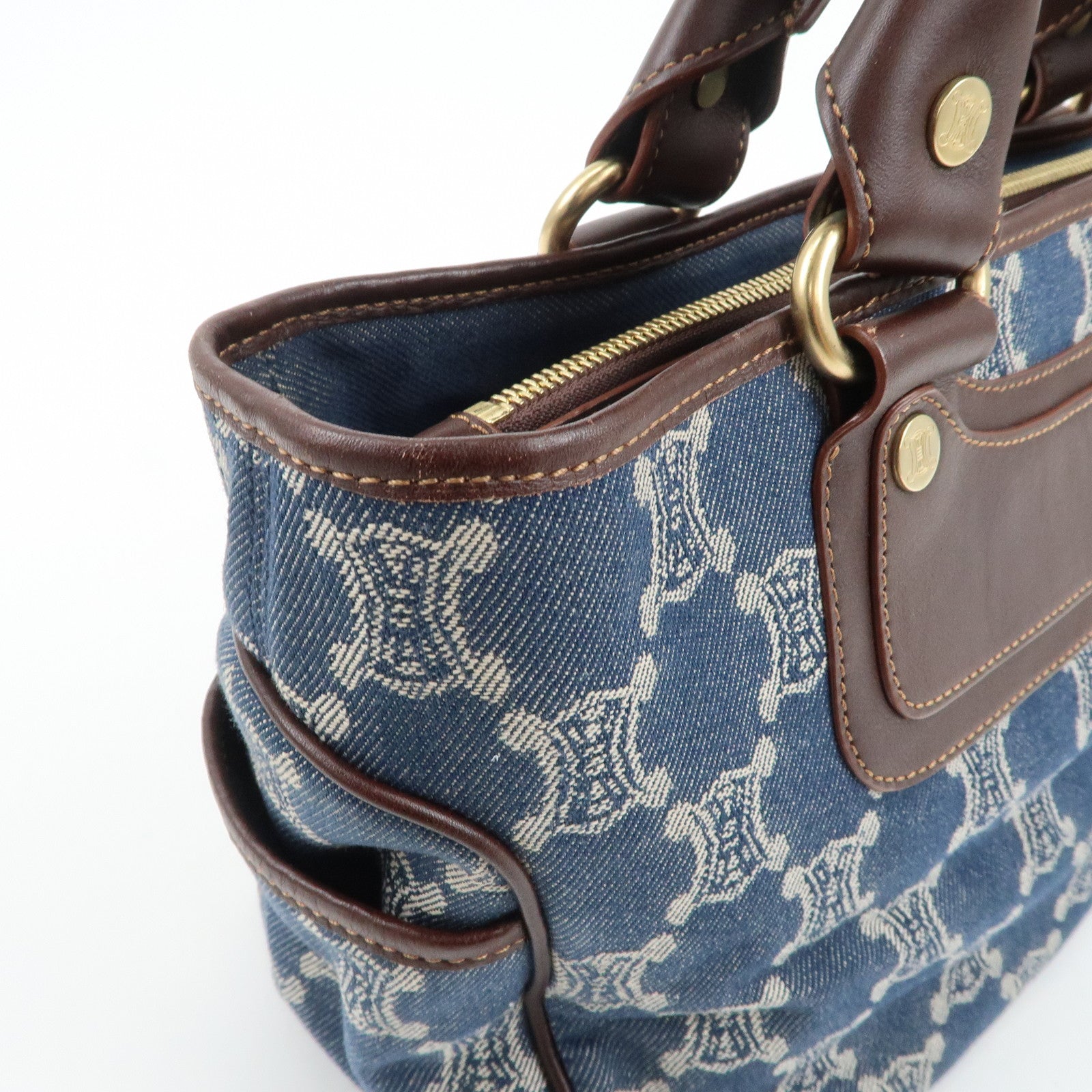 CELINE Macadam Denim Canvas Leather Boogie Bag Tote Bag Blue Brown Used