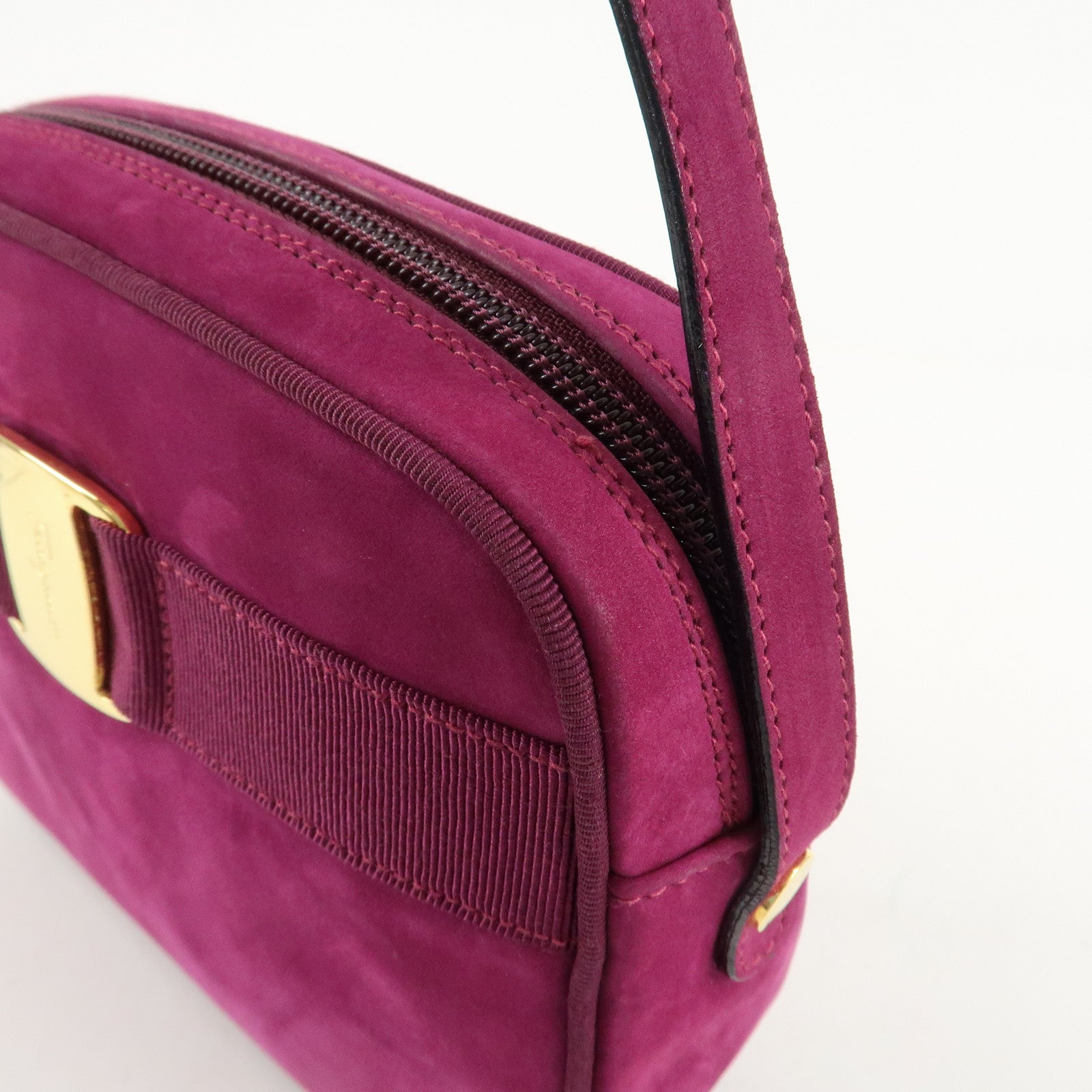 Ferragamo Vara Ribbon Suede Leather Shoulder Bag Purple Used