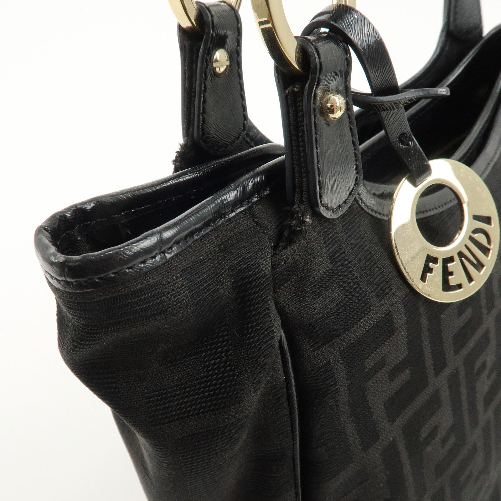 FENDI Zucca Canvas Leather Tote Bag Hand Bag Black 8BH156 Used