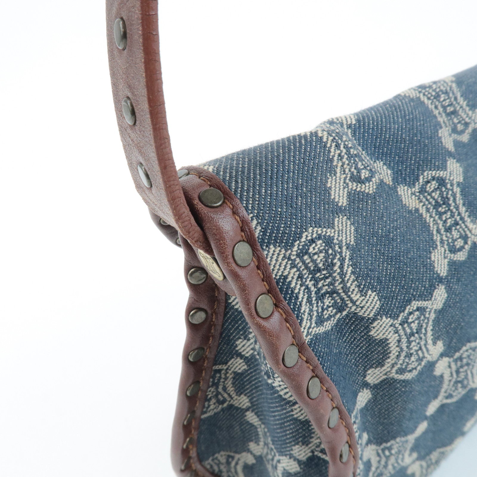 CELINE Macadam Denim Leather Shoulder Bag Blue Brown Used