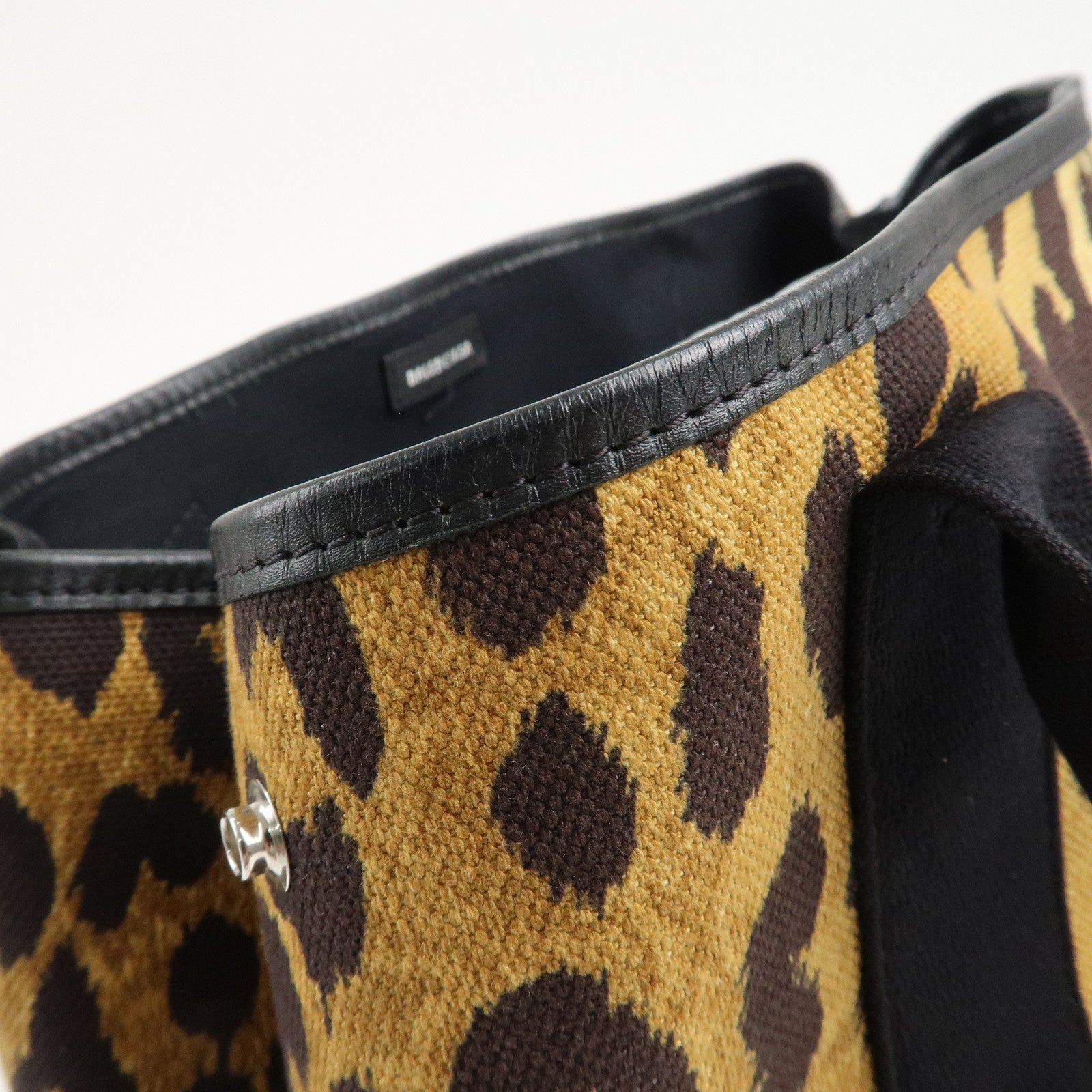 BALENCIAGA Navy Cabas S Canvas Leather Tote Bag Leopard 339933 Used