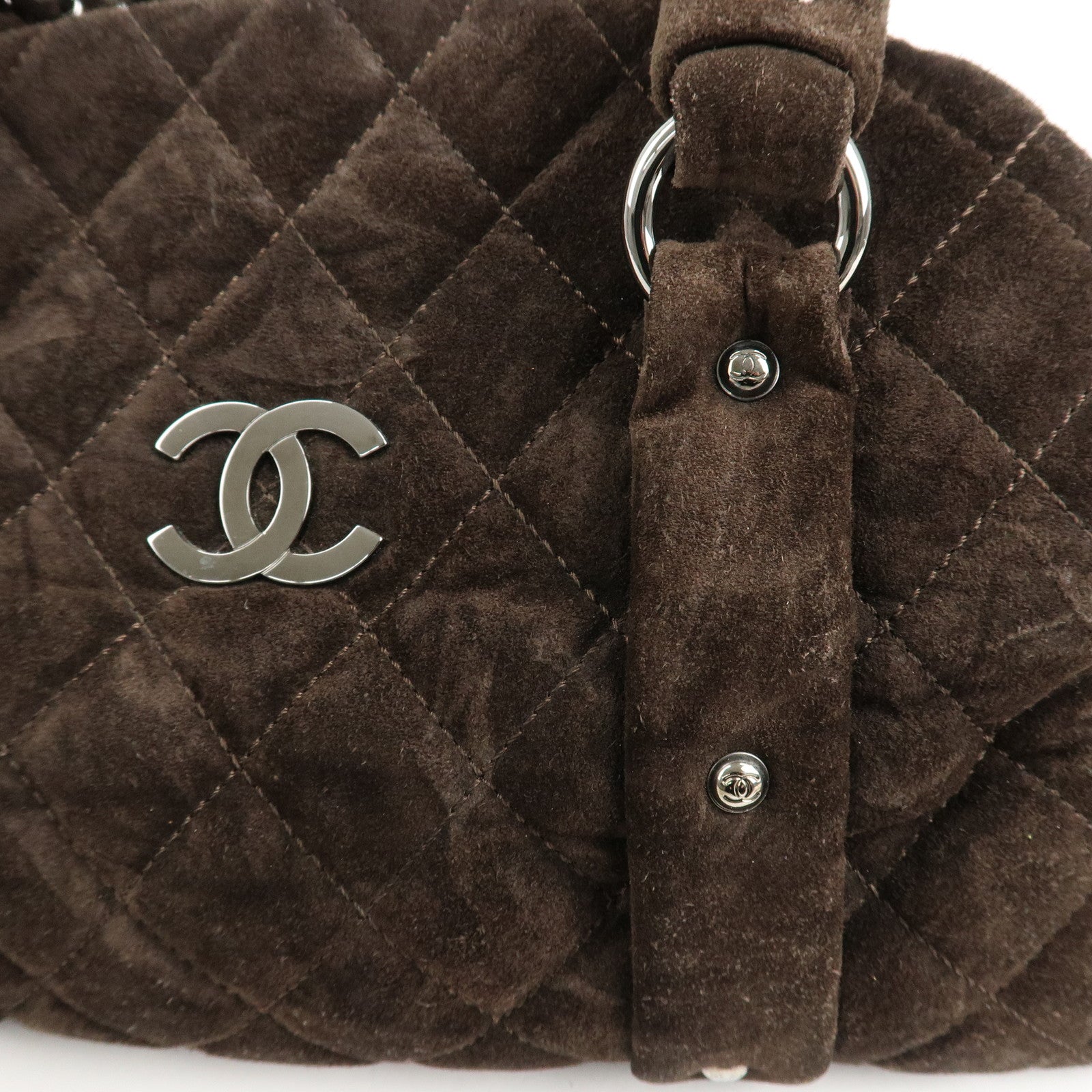 CHANEL Matelasse Suede Boston Bag Brown Silver Hardware Used