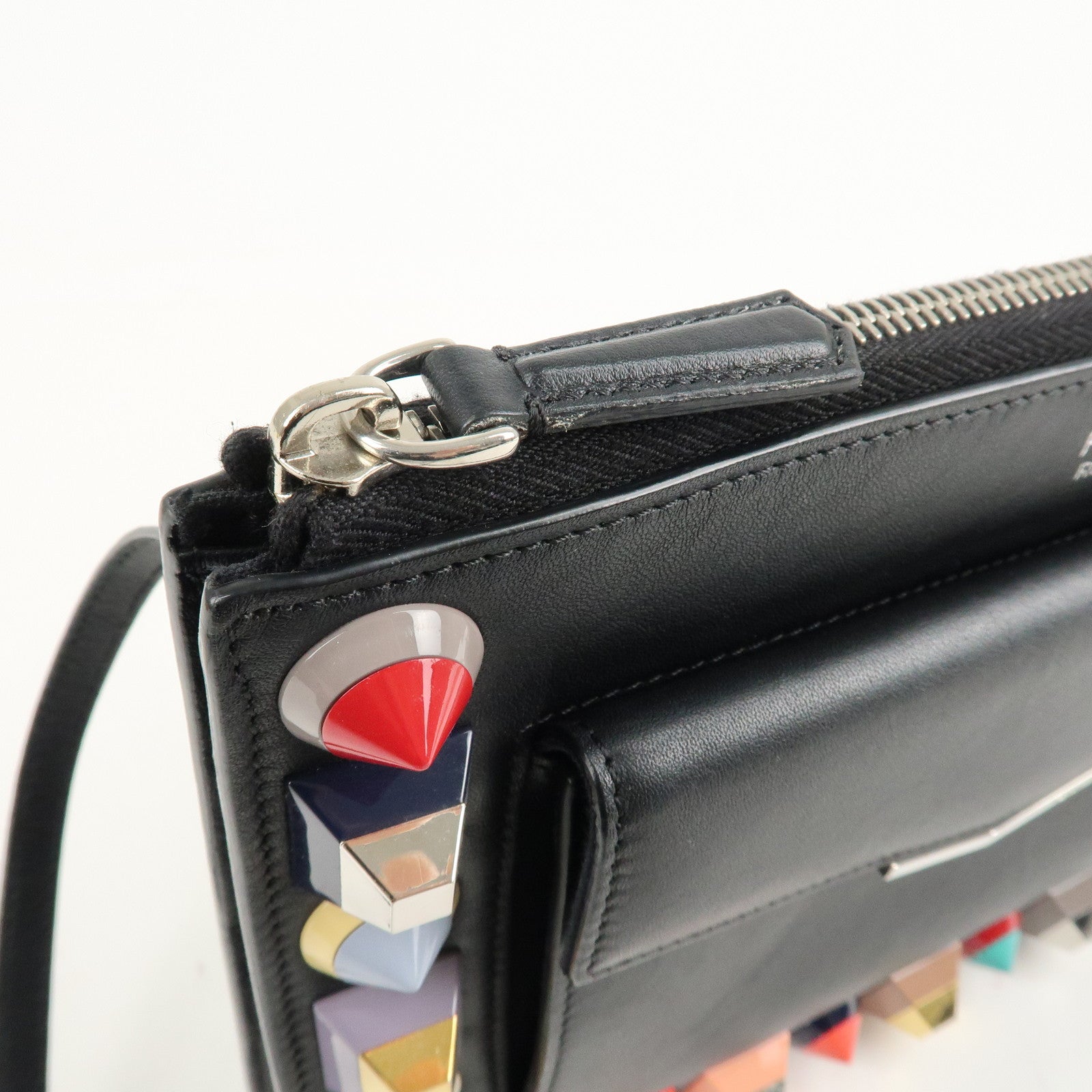 FENDI Leather Toujours Multi-Studs Shoulder Bag Black 8M0369 Used