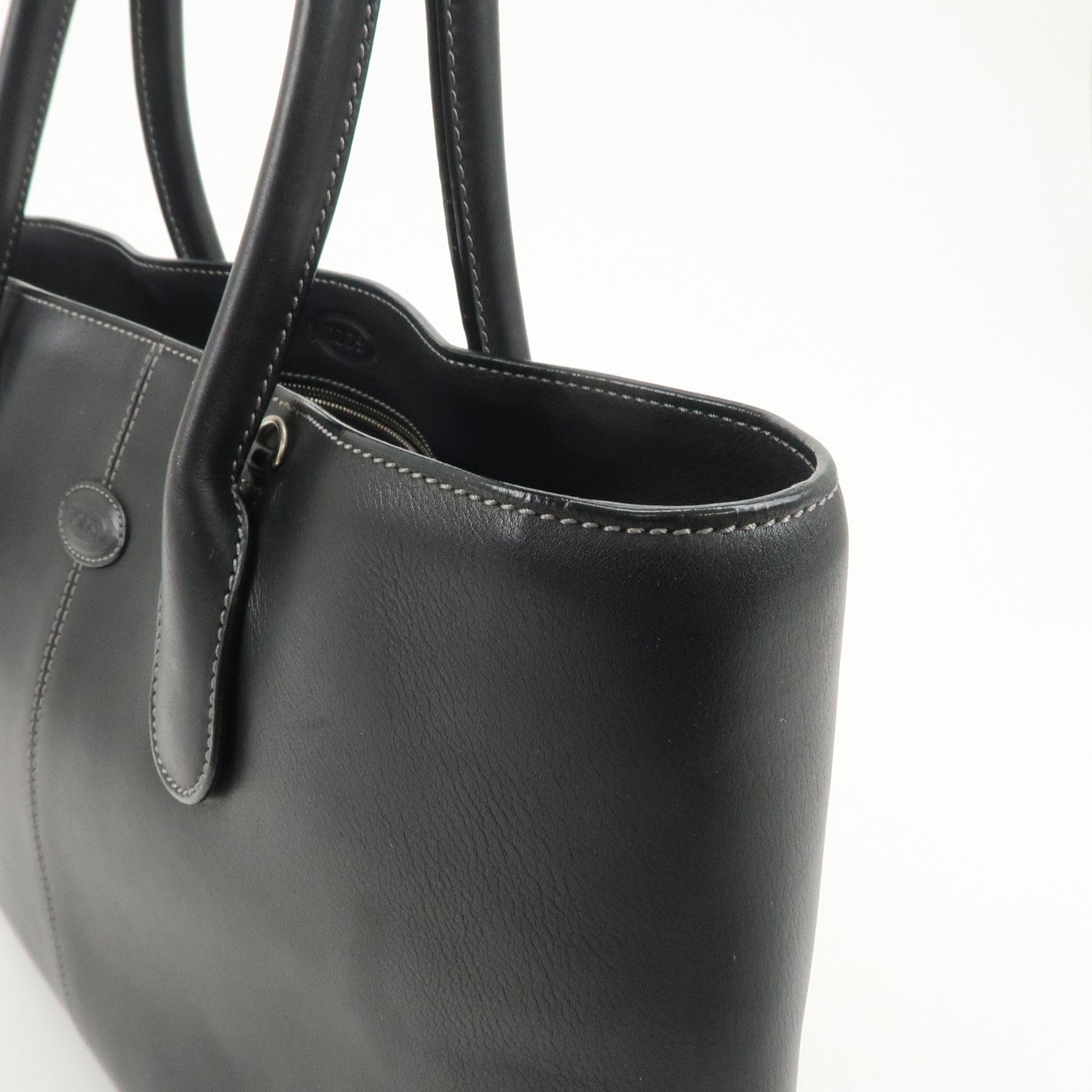 TOD'S Leather Tote Bag Shoulder Bag Hand Bag Black Used