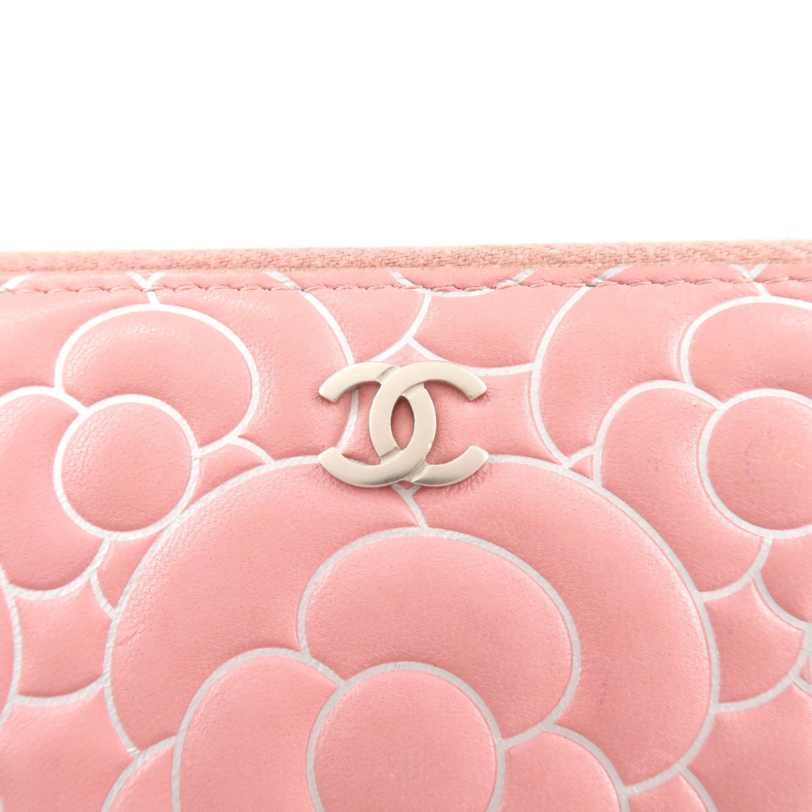 CHANEL Camellia Lamb Skin Long Zippy Wallet Pink A50085 Used