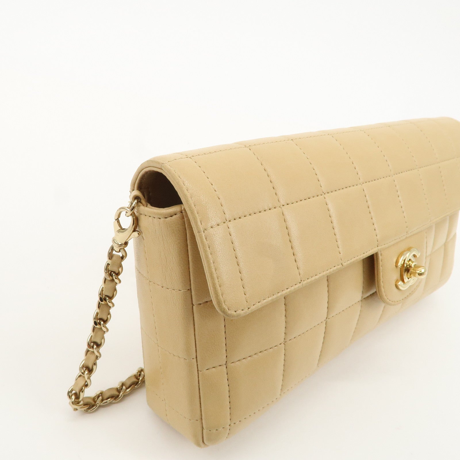CHANEL Chocolate Bar Lamb Skin Chain Shoulder Bag Beige A15316 Used