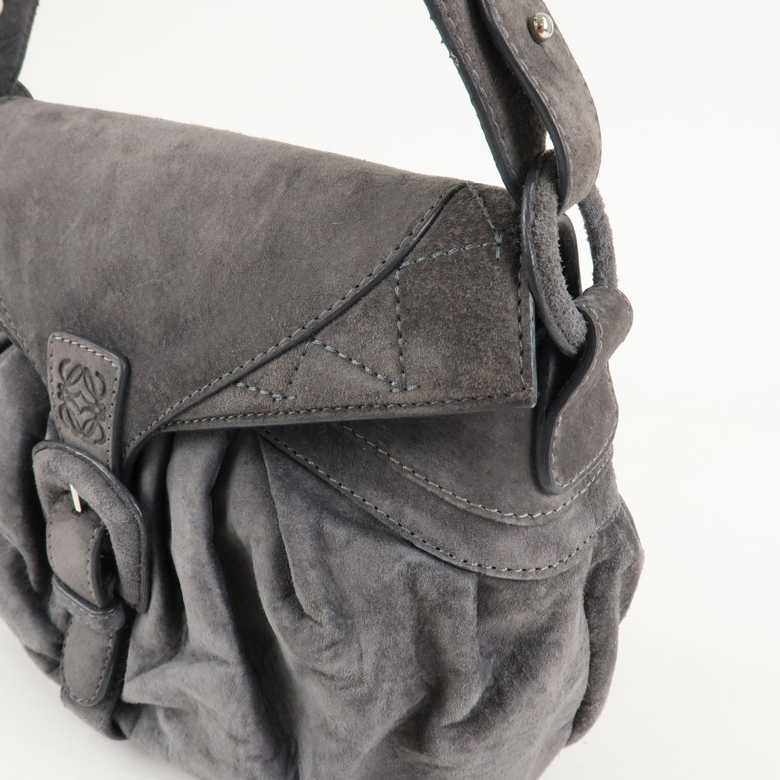 LOEWE Anagram Suede Leather Shoulder Bag Hand Bag Gray Used