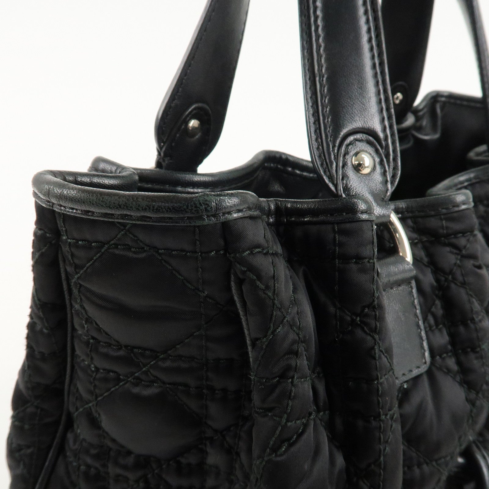 Christian Dior Cannage Nylon Leather Tote Bag Hand Bag Black Used