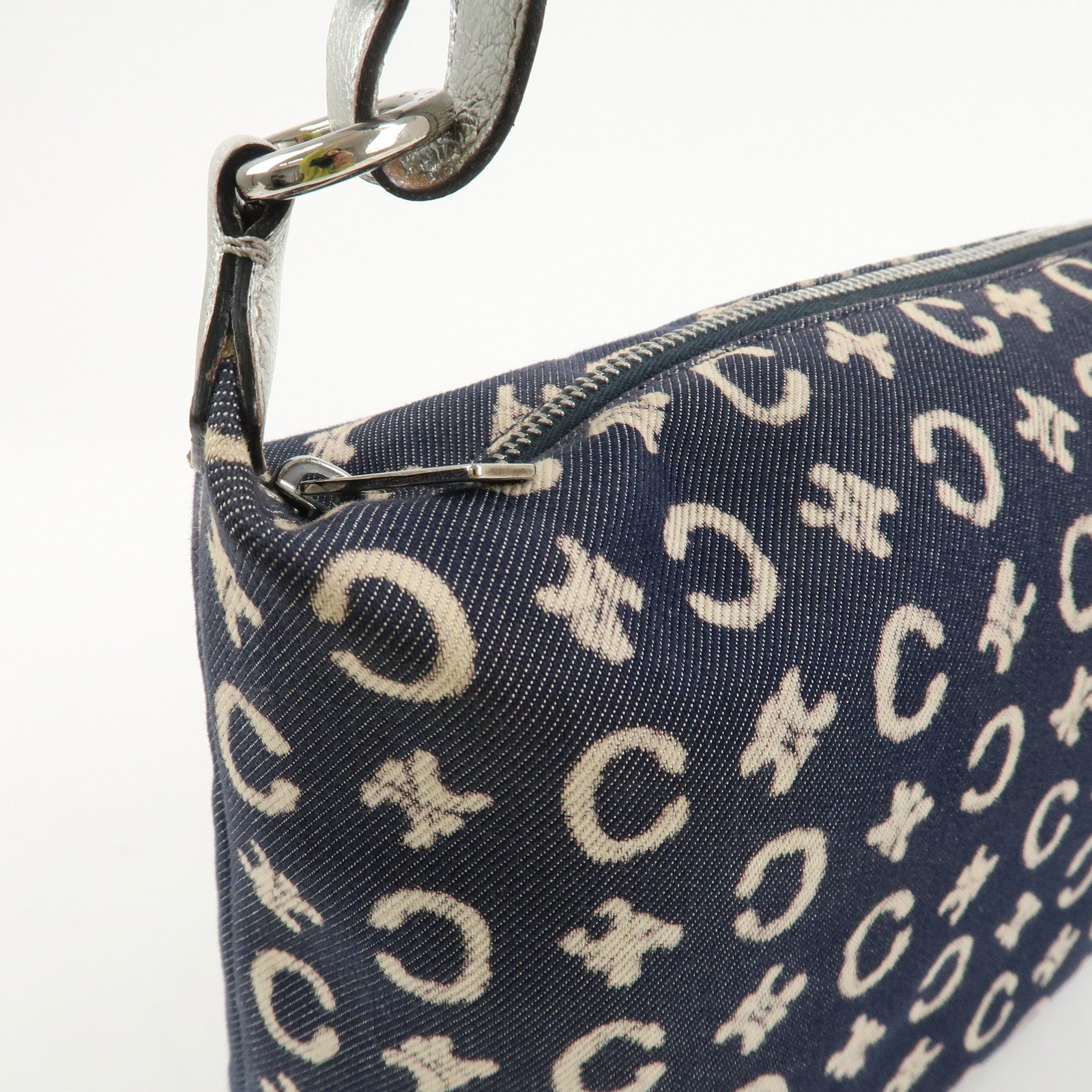 CELINE C Macadam Canvas Leather Shoulder Bag Navy Silver Used