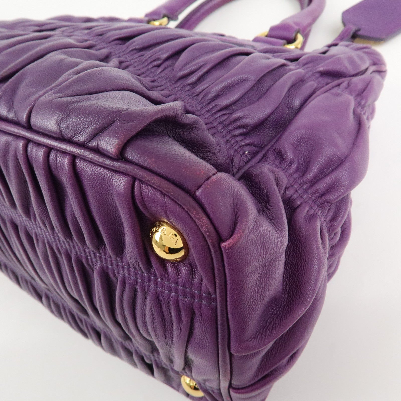 PRADA Leather Gathered Hand Bag Purple Gold Hardware BN2394 Used