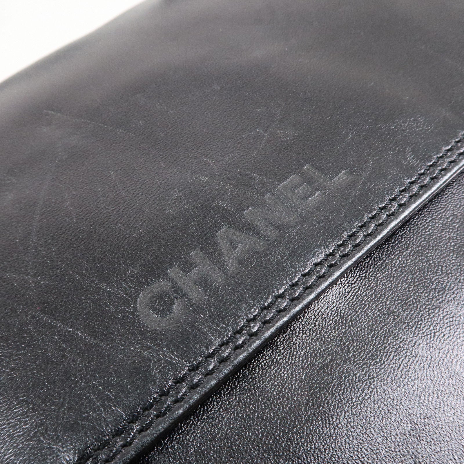 CHANEL Leather Logo Shoulder Bag Hand Bag Black Used