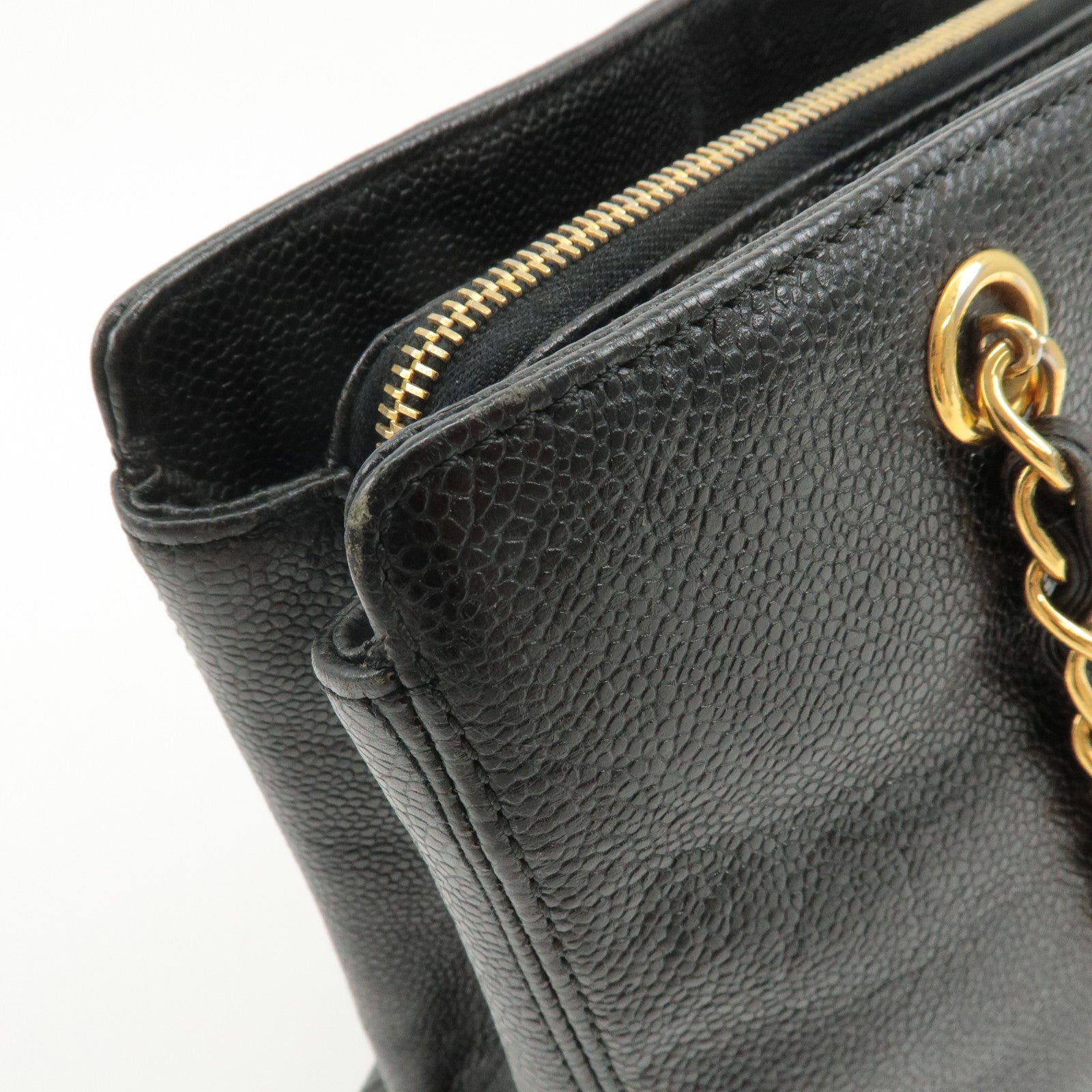 CHANEL Caviar Skin Chain Tote Bag Black Gold Used