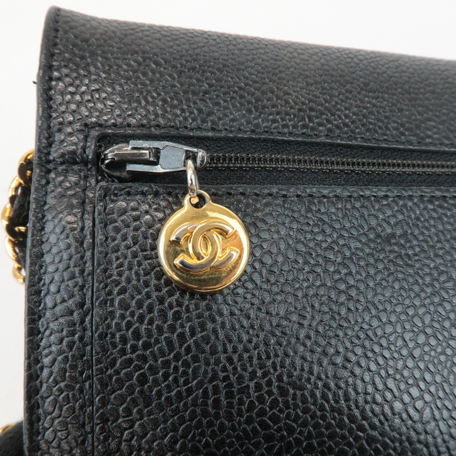 CHANEL COCO Mark Caviar Skin Chain Wallet WOC Black A13509 Used