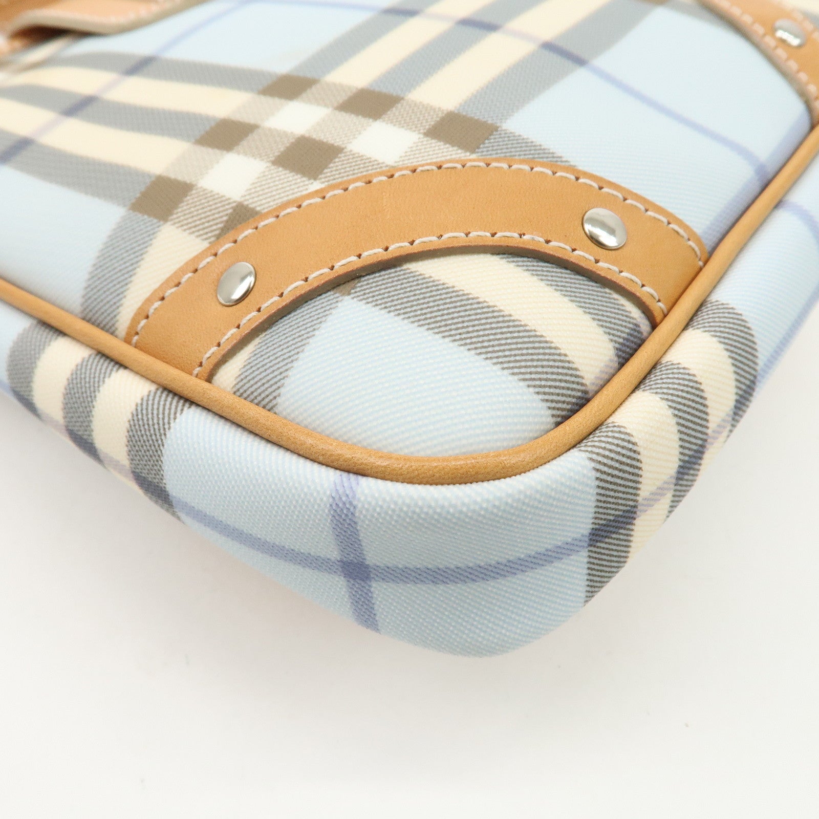 BURBERRY PVC Leather Nova Plaid Shoulder Bag Hand Bag Beige Blue Used