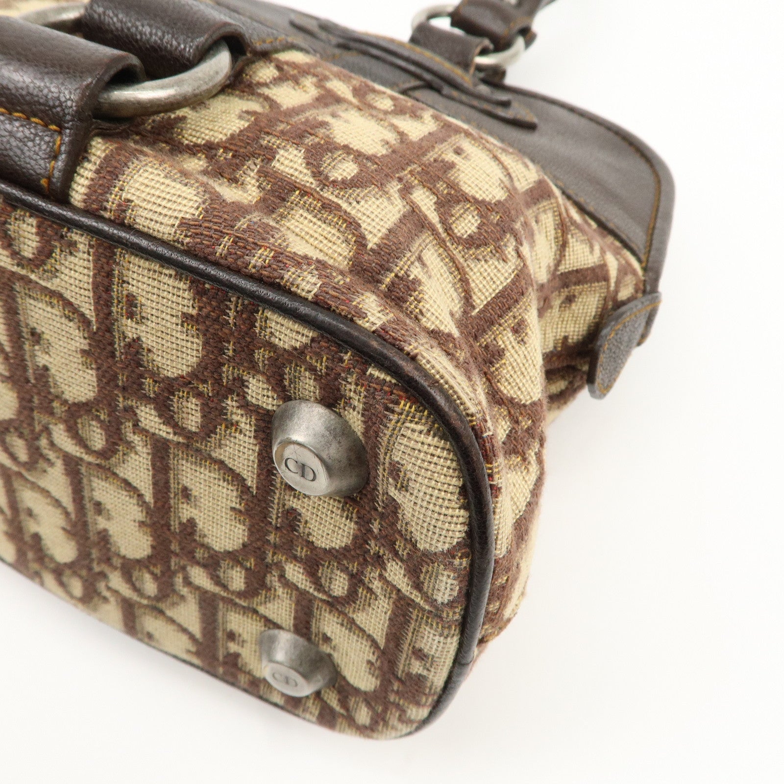 Christian Dior Logo Trotter Canvas Leather Boston Bag Beige Brown Used