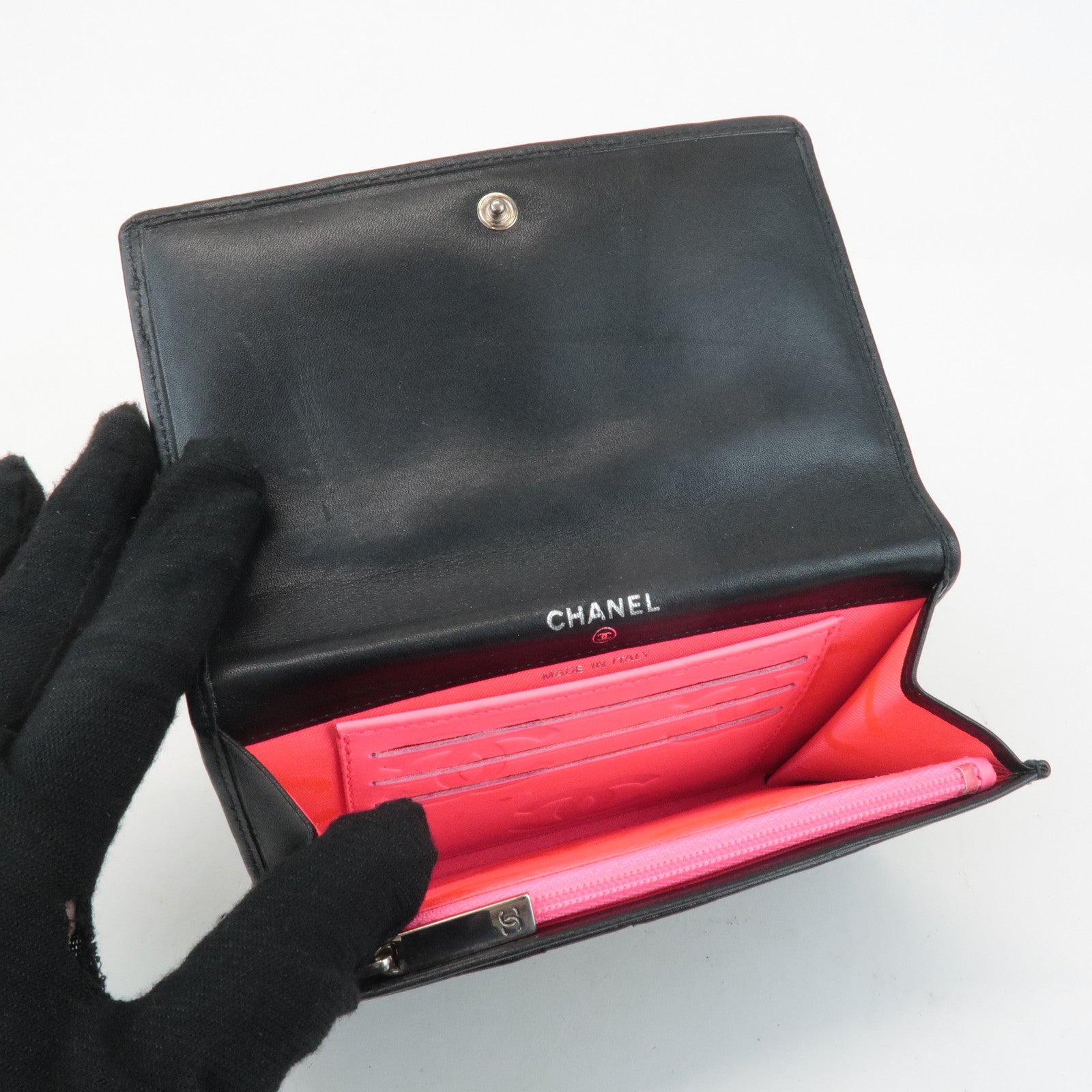 CHANEL Cambon Line COCO Mark Lamb Skin Bifold Wallet A26722 Used