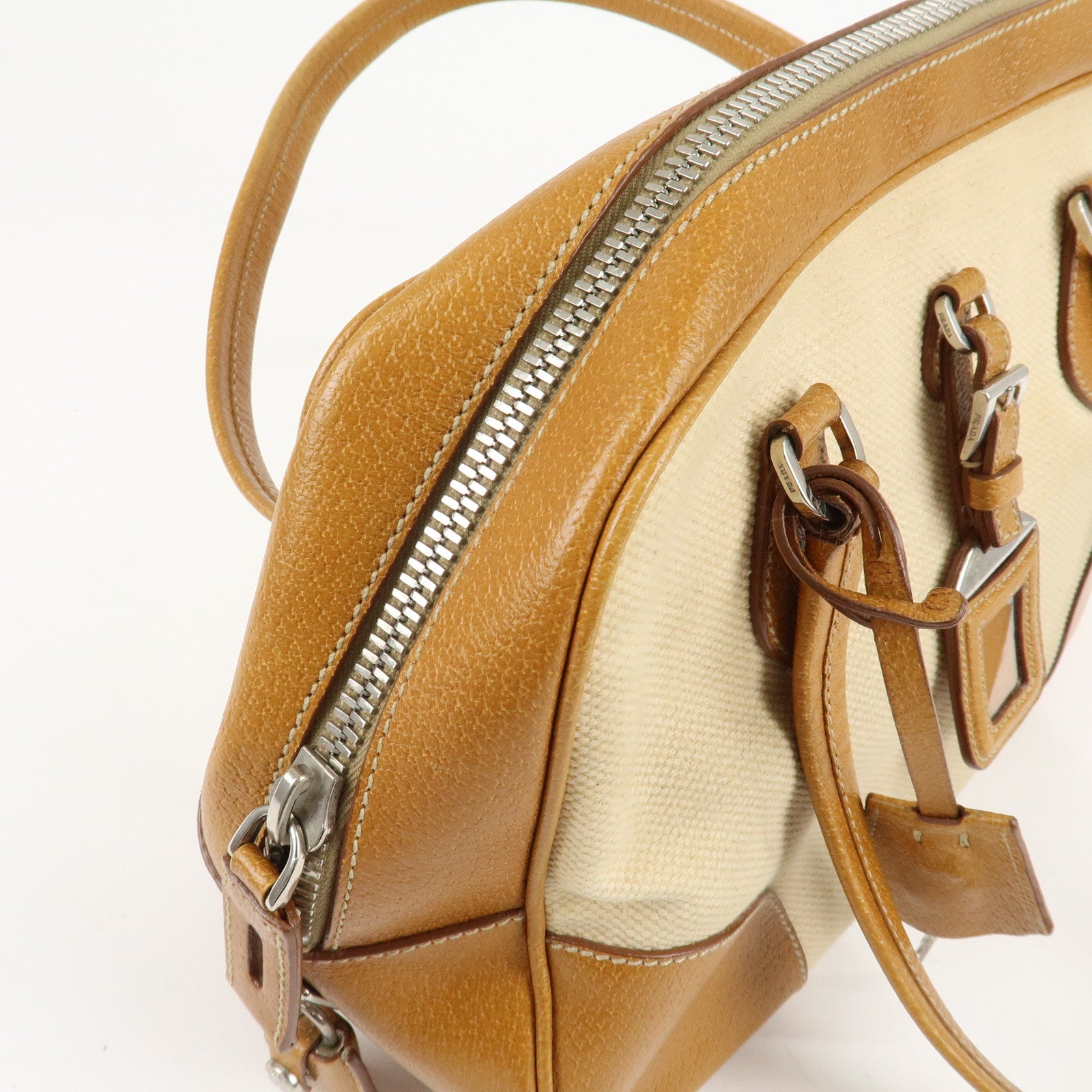 PRADA Canvas Leather Triangle Logo Boston Bag Ivory Brown Used