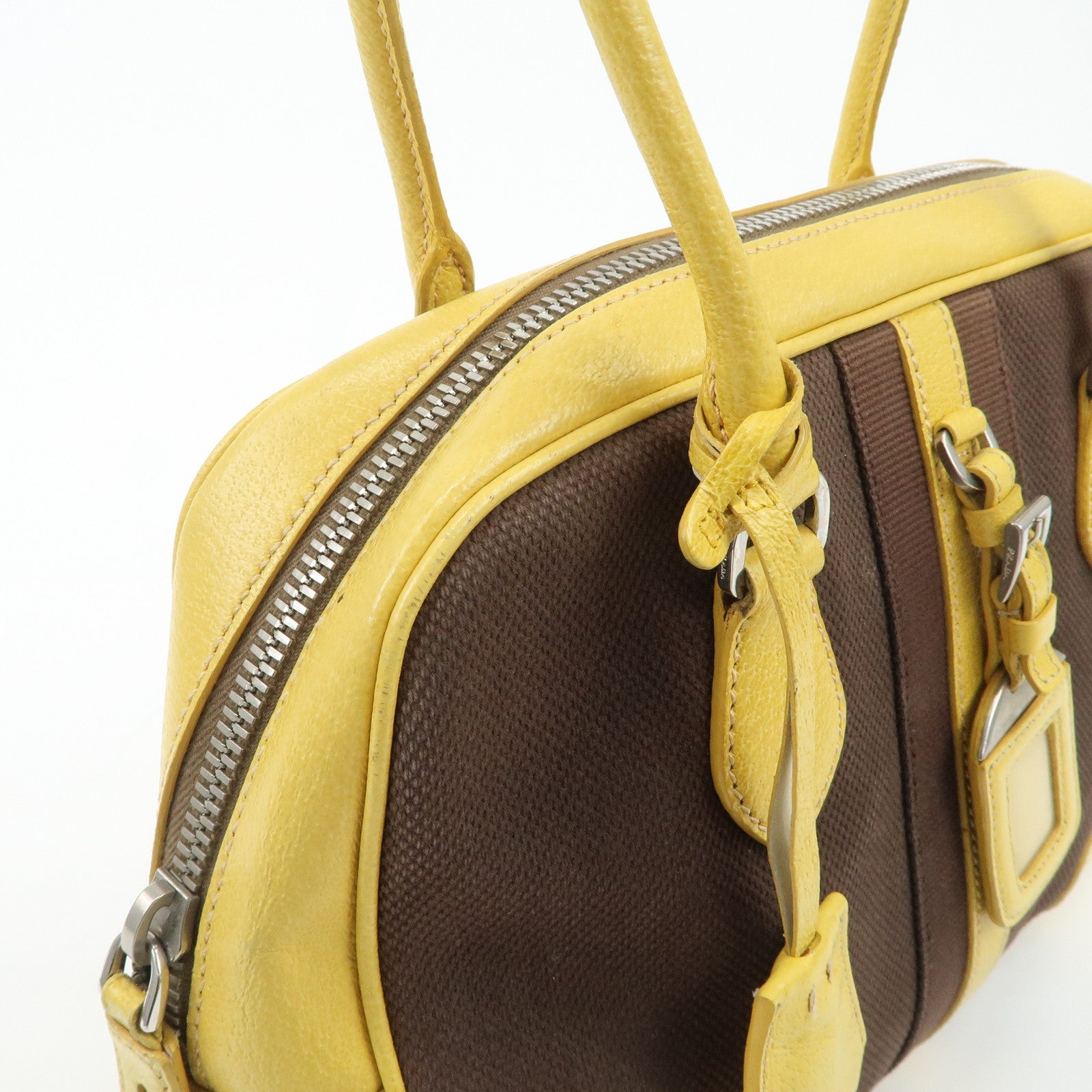 PRADA Canvas Leather Shoulder Bag Hand Bag Brown Yellow Used