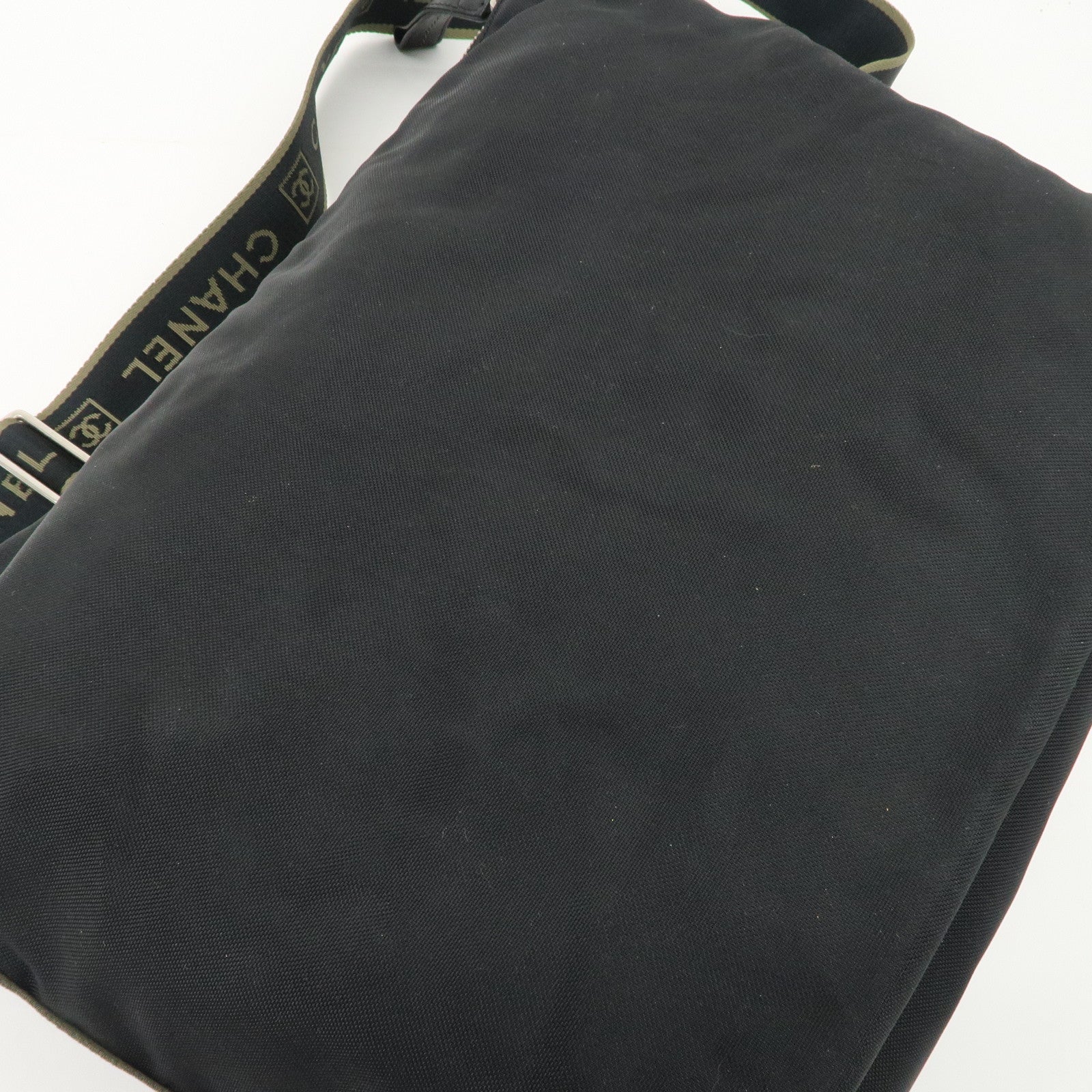 CHANEL Sports Nylon COCO Mark Shoulder Bag Black Khaki Used