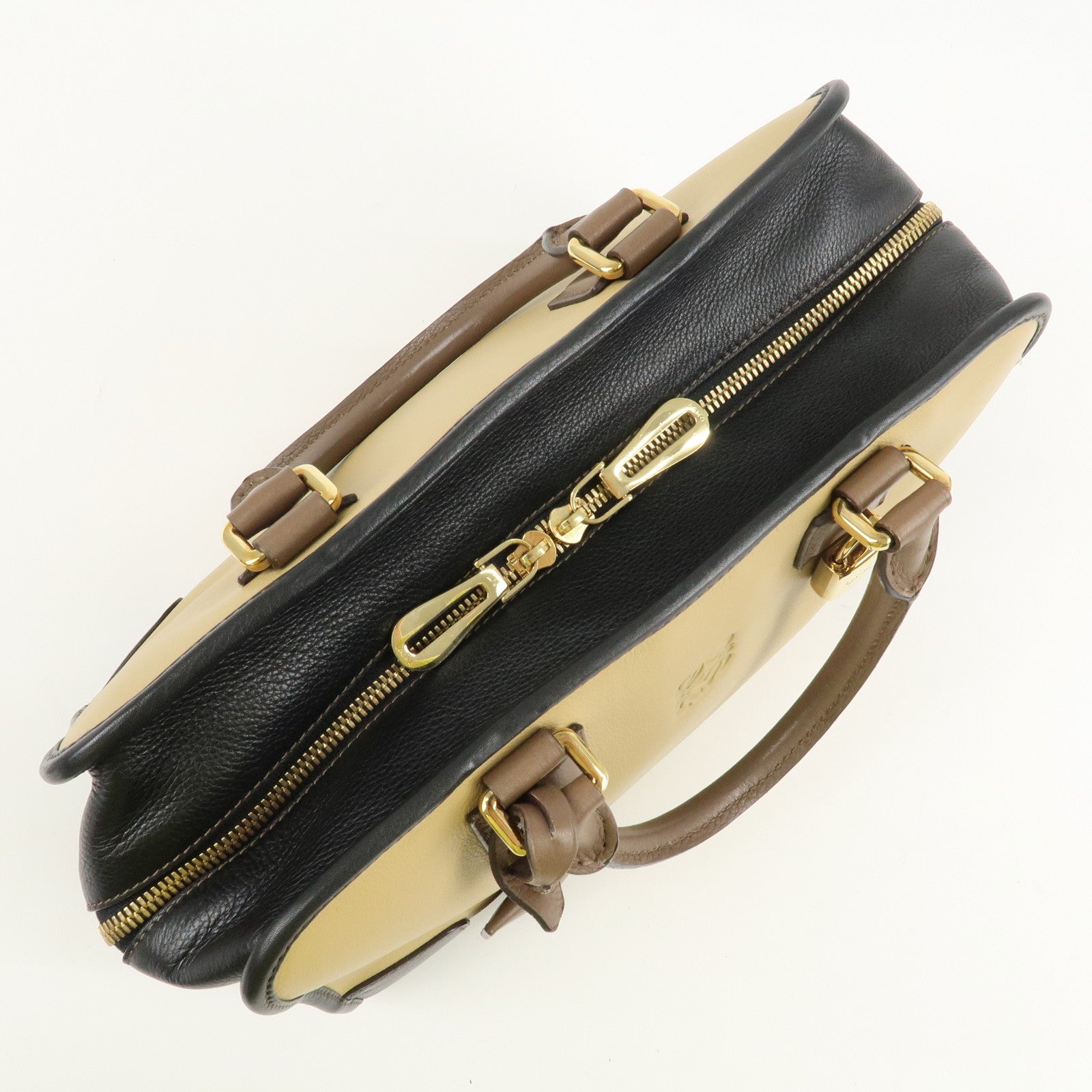 LOEWE Anagram Leather Amasona 28 Hand Bag Beige Black Brown Used