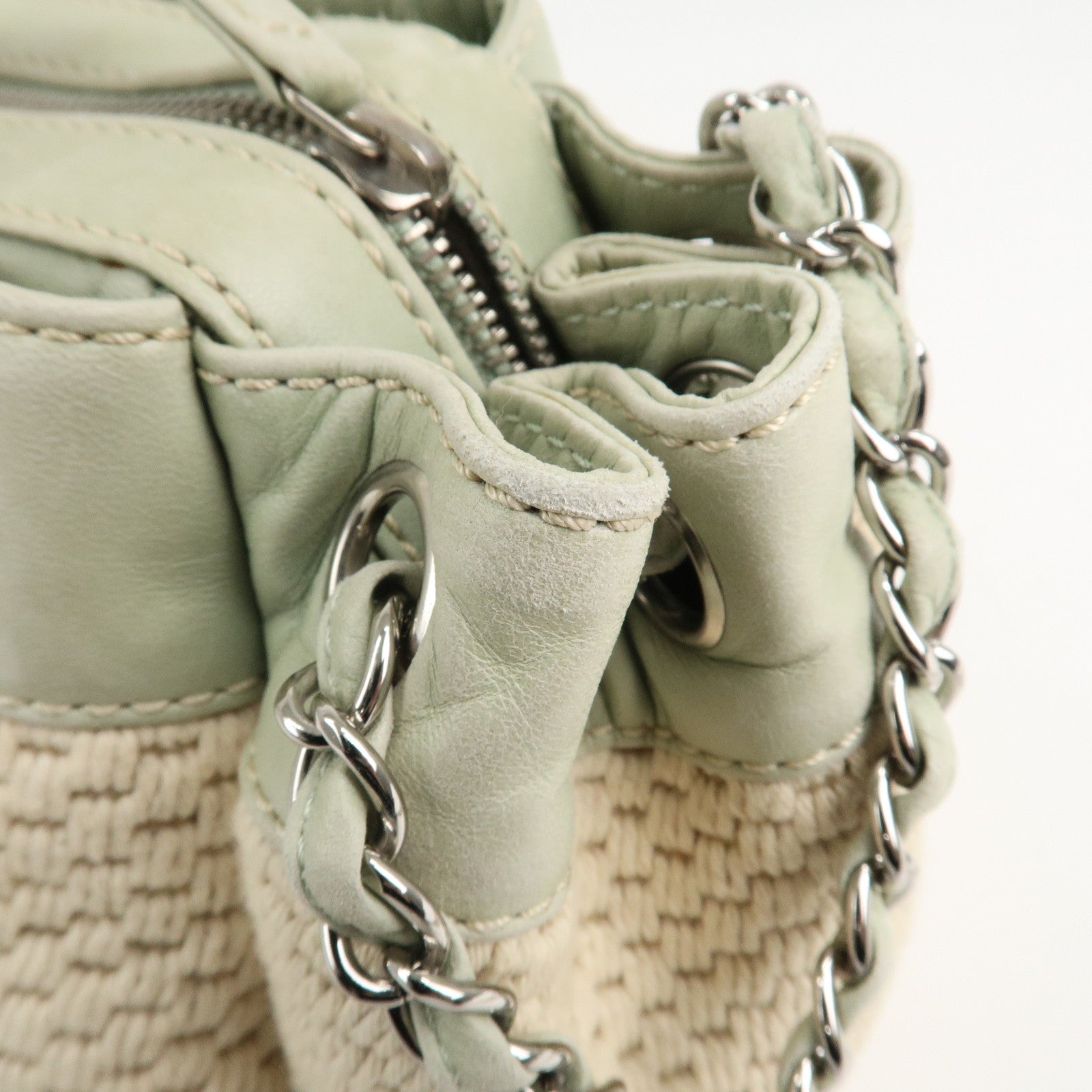 CHANEL Cotton Leather Chain Shoulder Bag Ivory Light Green Used