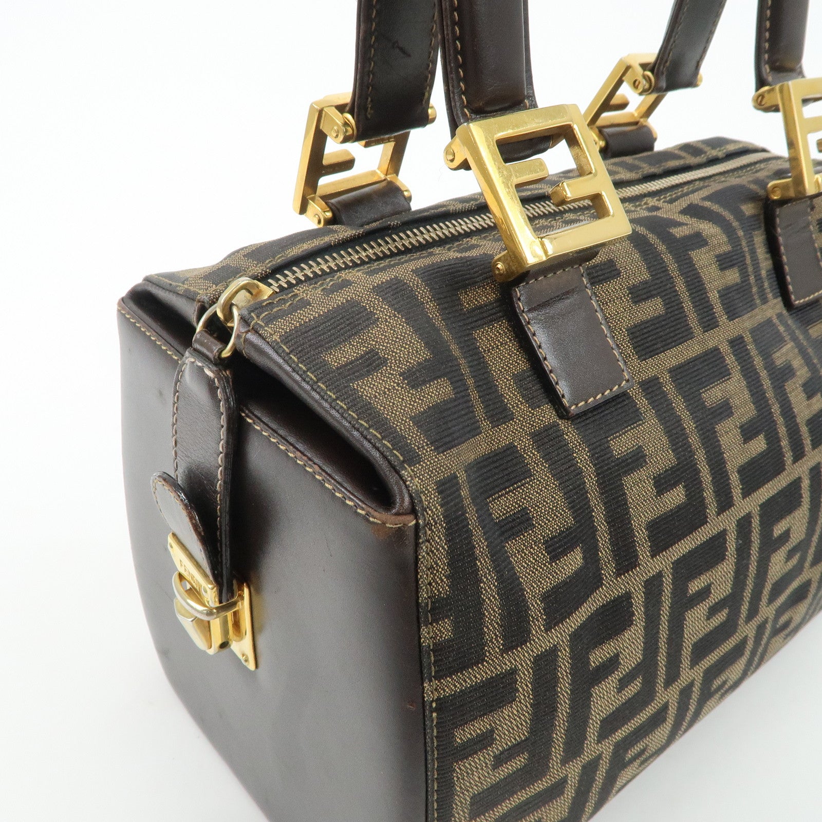 FENDI Zucca Canvas Leather Hand Bag Brown Black Used