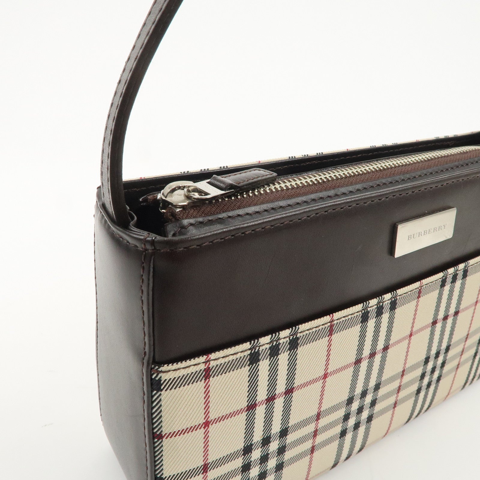 BURBERRY Canvas Leather Nova Plaid Shoulder Bag Beige Brown Used