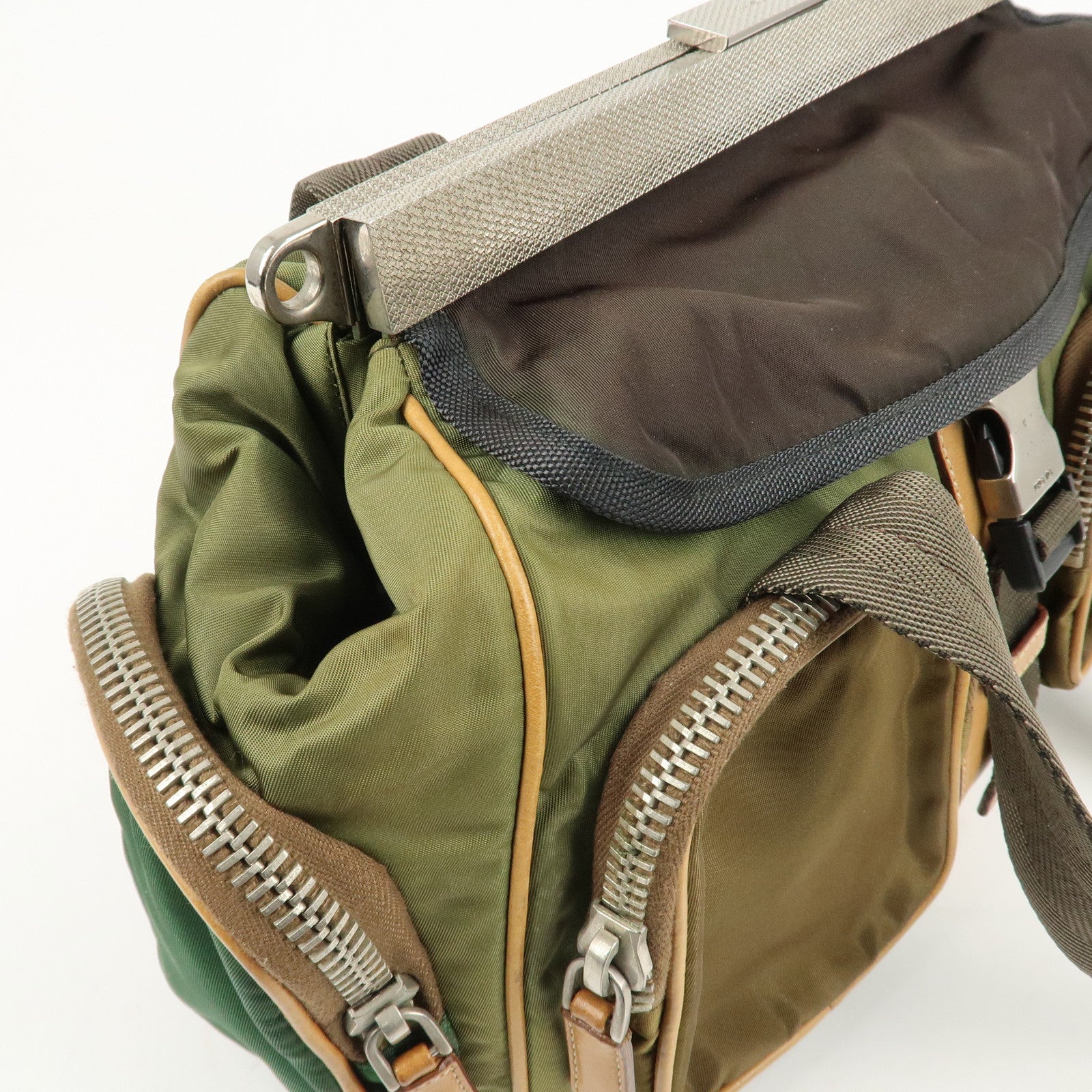 PRADA Nylon Leather Shoulder Bag Khaki Brown Green Used