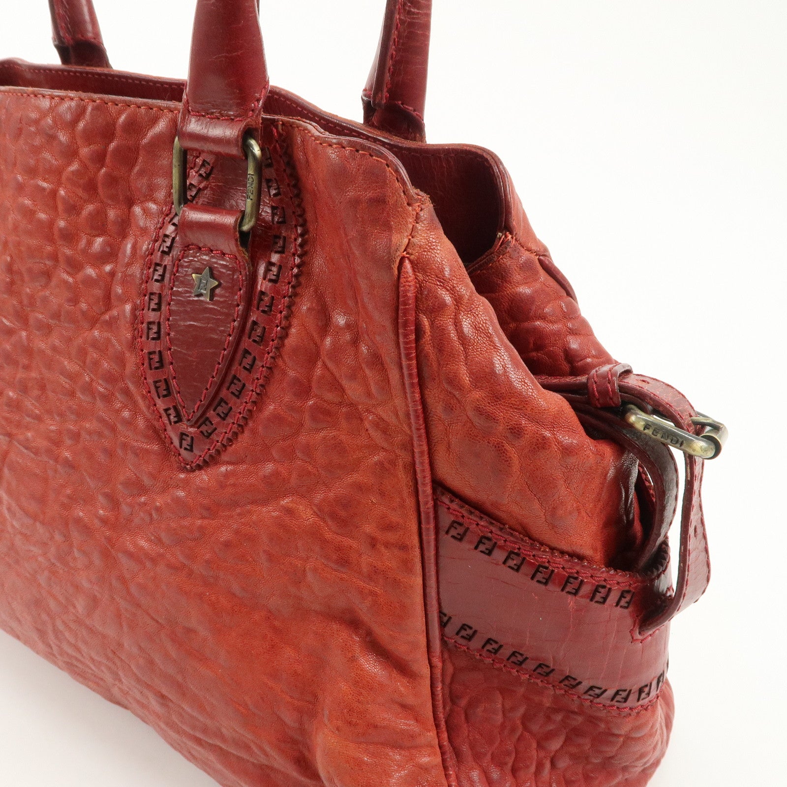 FENDI Ethnico Leather Tote Bag Shoulder Bag Red 8BN162 Used