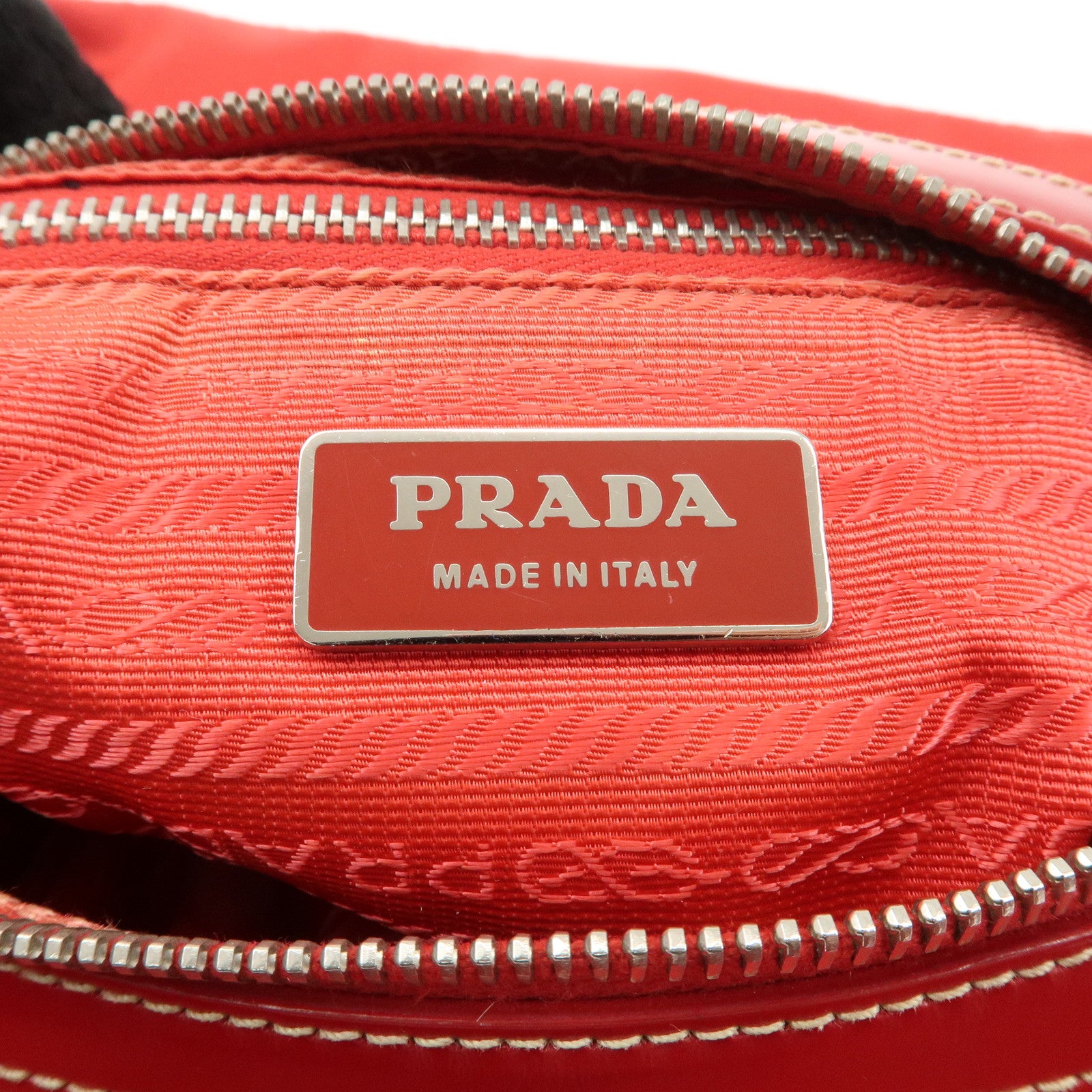 PRADA Logo Nylon Leather Shoulder Bag Silver HDW Red Used