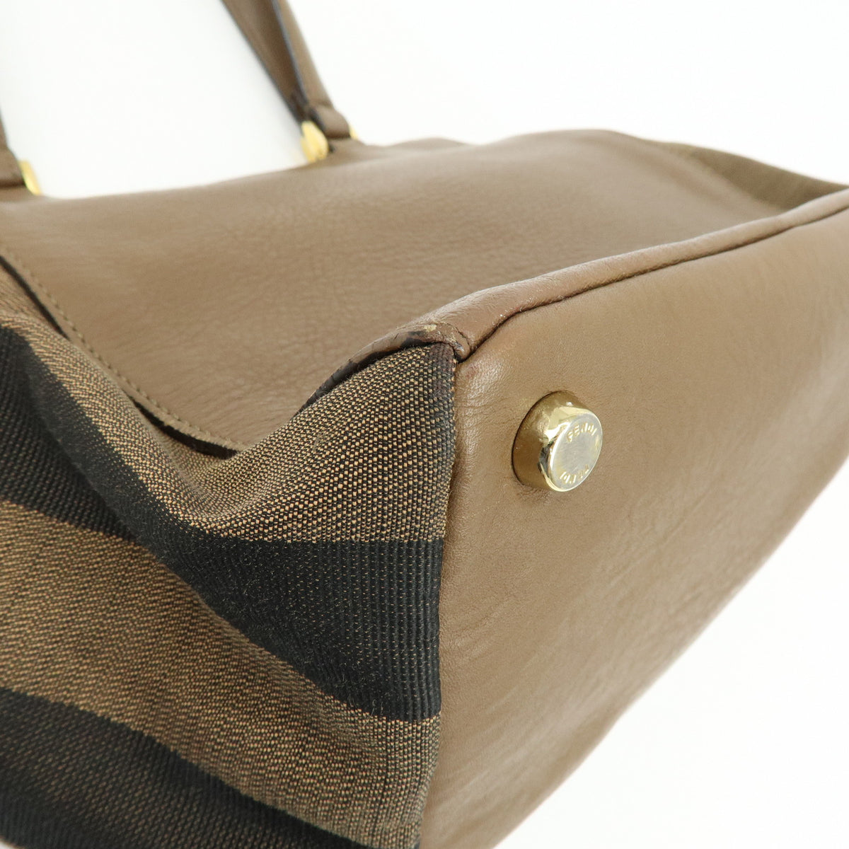 FENDI Pequin Leather Canvas Suede Tote Bag Hand Bag Brown 8BN251
