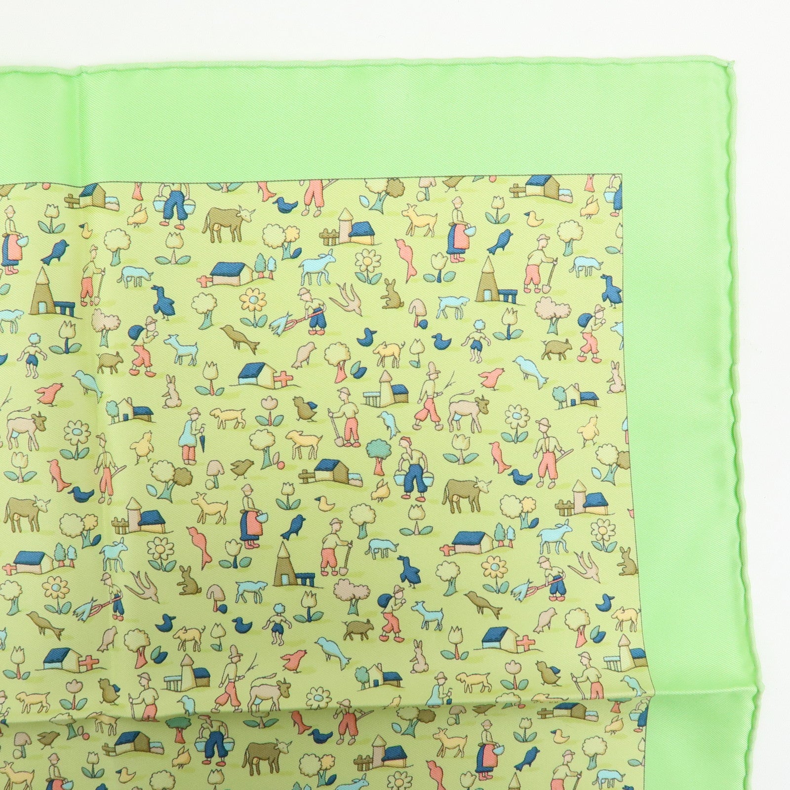HERMES Petit Carre 40 Silk 100% Mini Scarf Farm Motif Green Yellow
