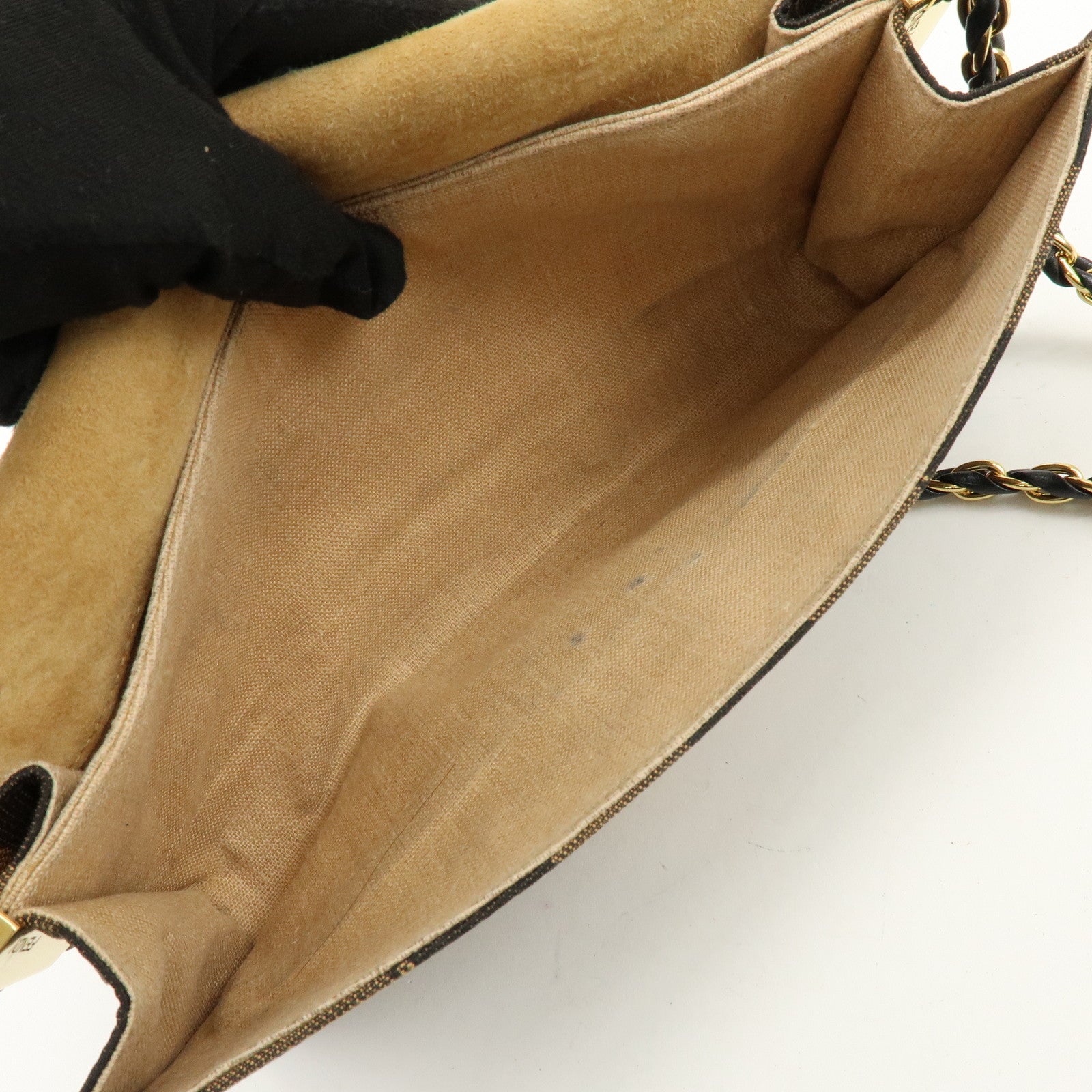 FENDI Pequin Canvas Leather Shoulder Bag Brown Black 8BT204