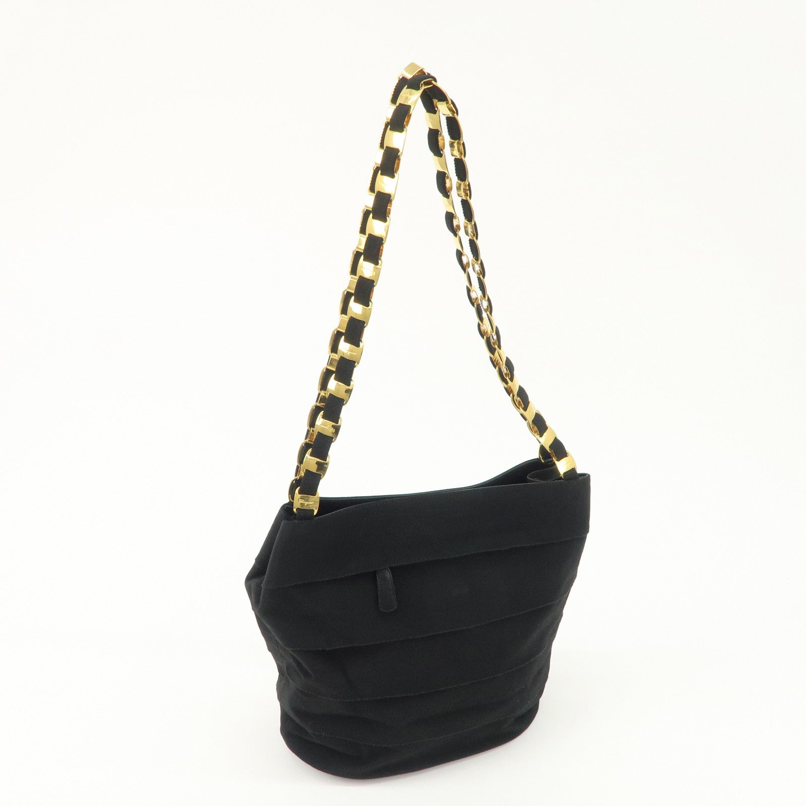 Ferragamo Leather Canvas Chain Tote Bag Hand Bag Black Gold Hardware Used