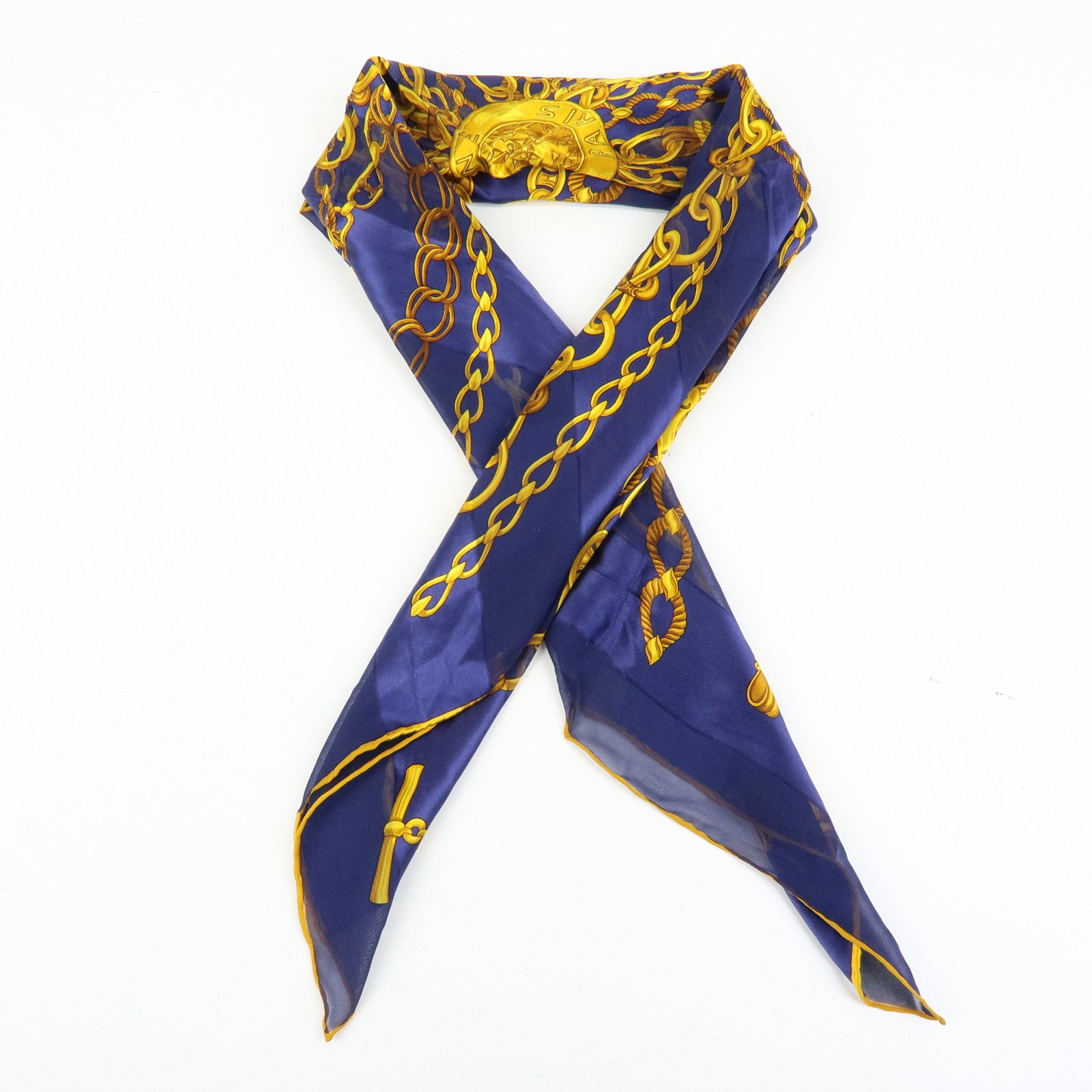 CELINE Silk 100% Chiffon Scarf Gold Chain Motif Navy Gold