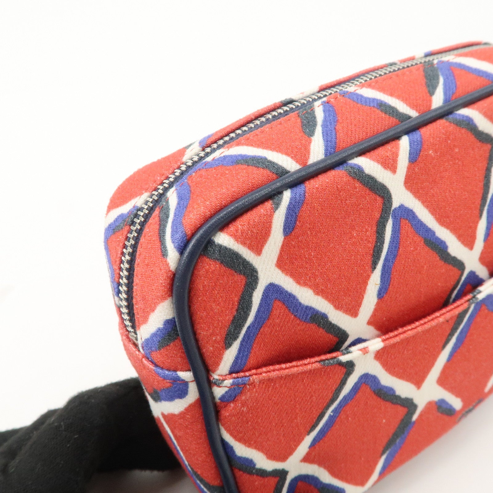 CHANEL COCO Mark COCO Beach Canvas Pouch Red Navy Silver HDW Used