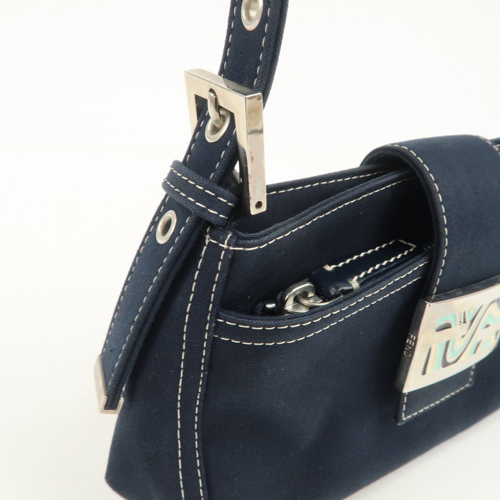 FENDI Logo Canvas Shoulder Bag Hand Bag Dark Navy