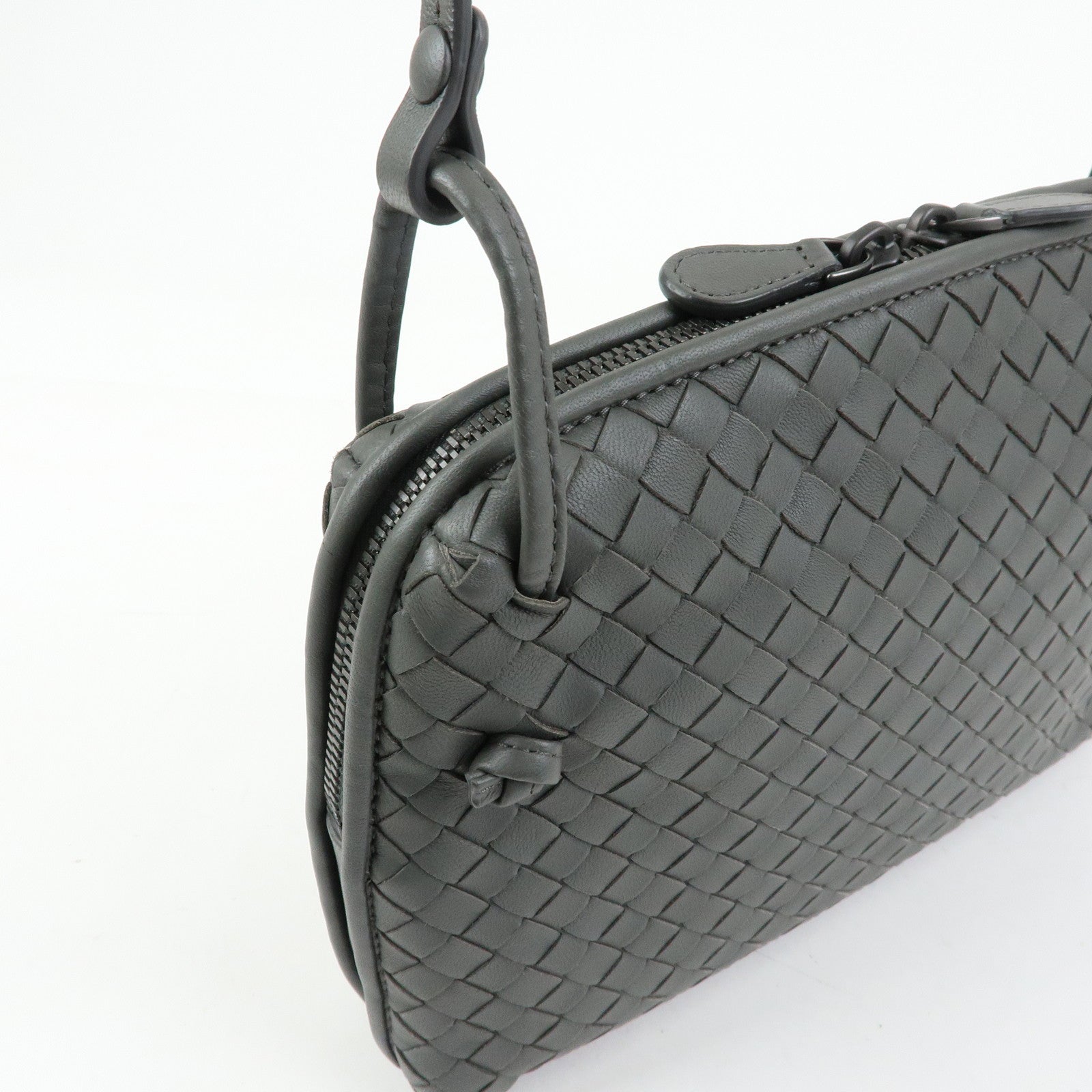 BOTTEGA VENETA Nodini Intrecciato Leather Shoulder Bag Gray 245354