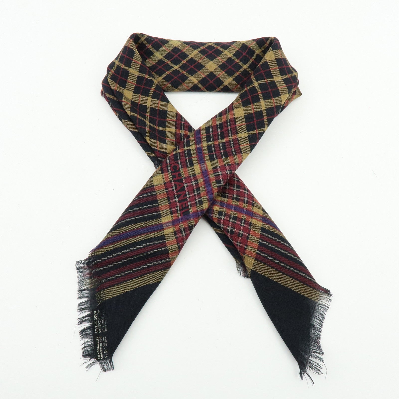 CHANEL Silk Cashmere Plaid Scarf Black Beige Wine Red
