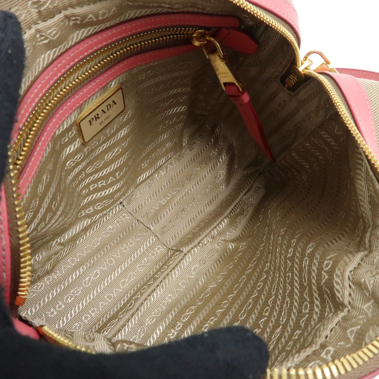 PRADA Triangle Logo Jacquard Leather Shoulder Bag Beige Pink 1BH089