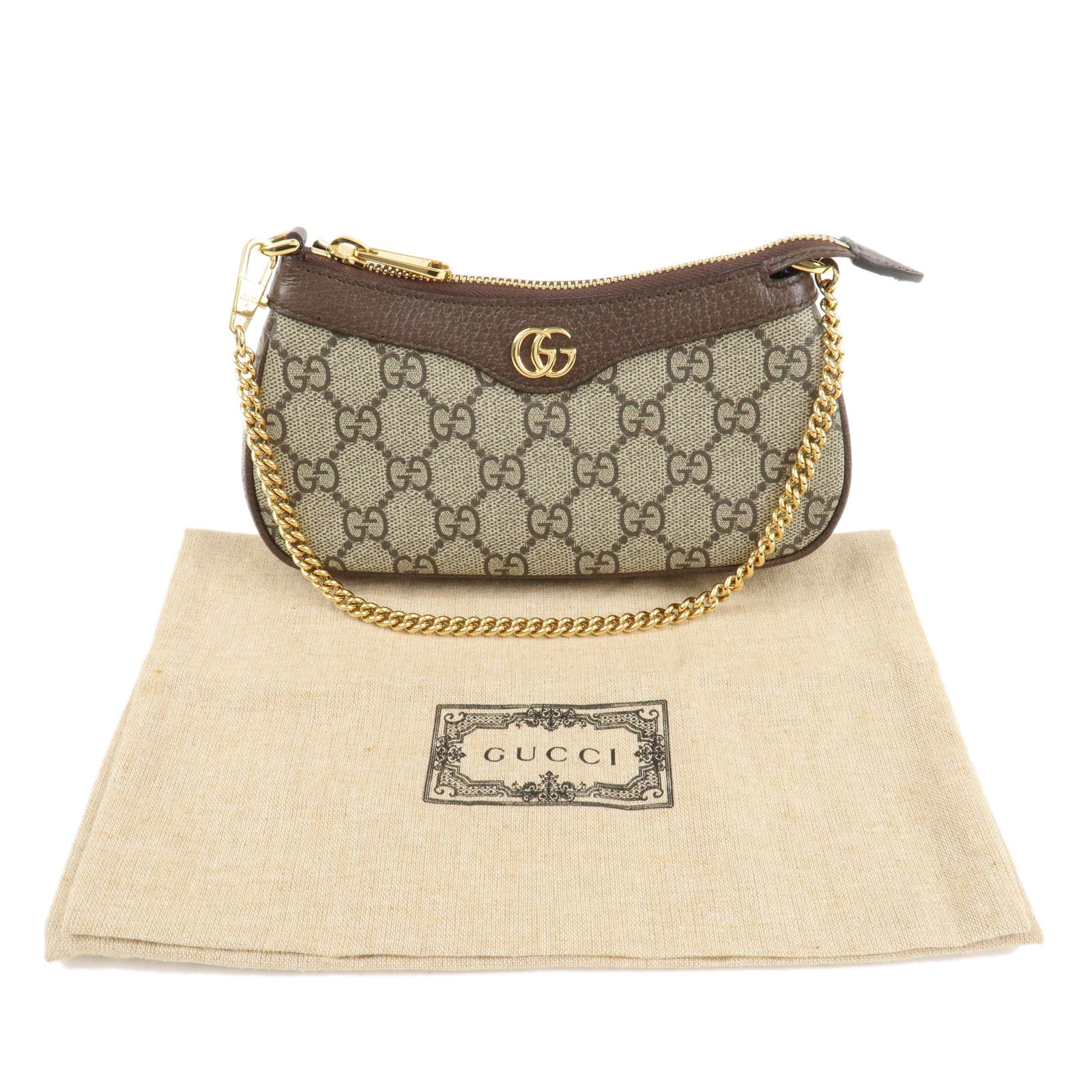 GUCCI Ophidia Leather GG Supreme Chain Pouch Beige Brown 764960 Used