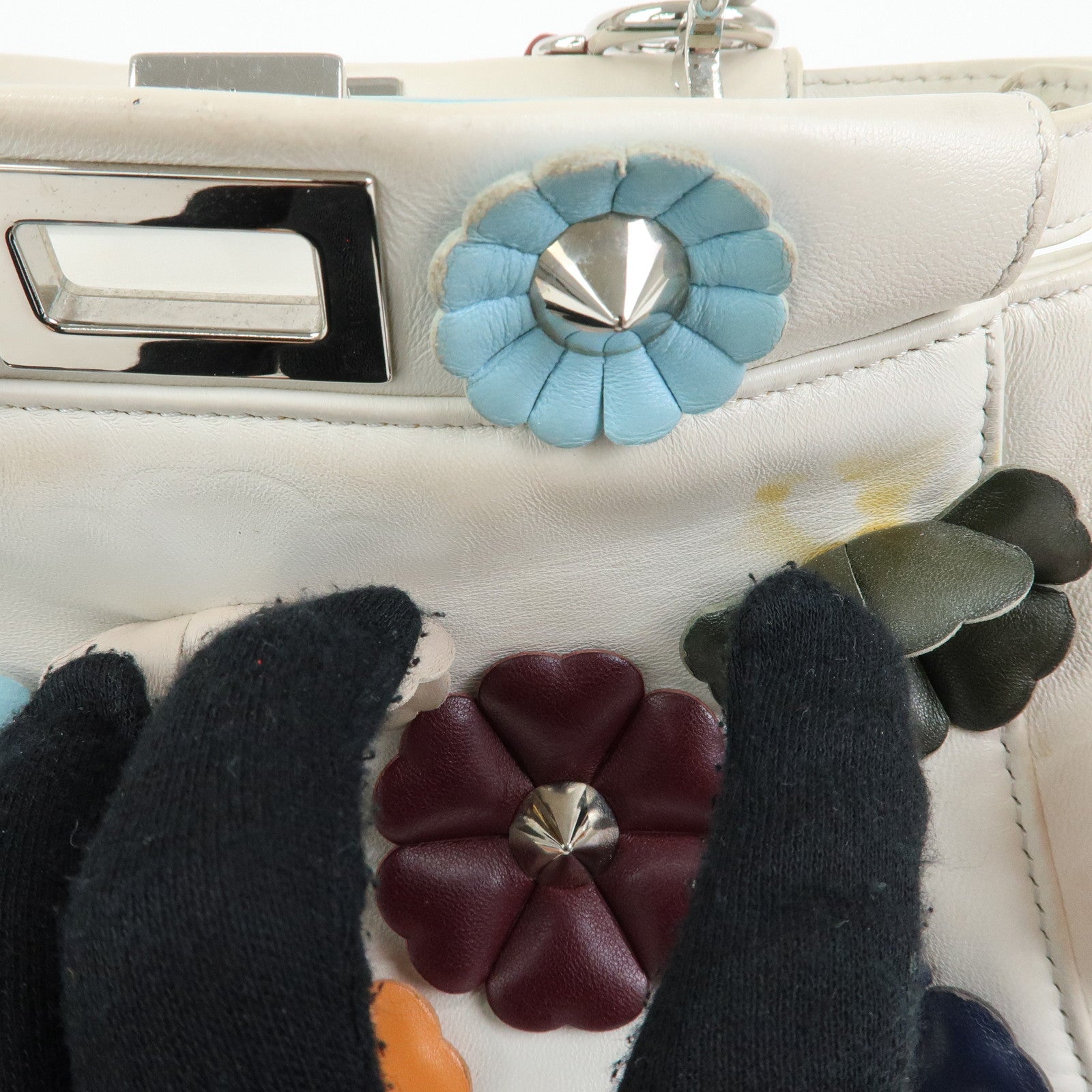 FENDI Peekaboo Mini 2Way Shoulder Bag Hand Bag Flower Ivory 8BN244