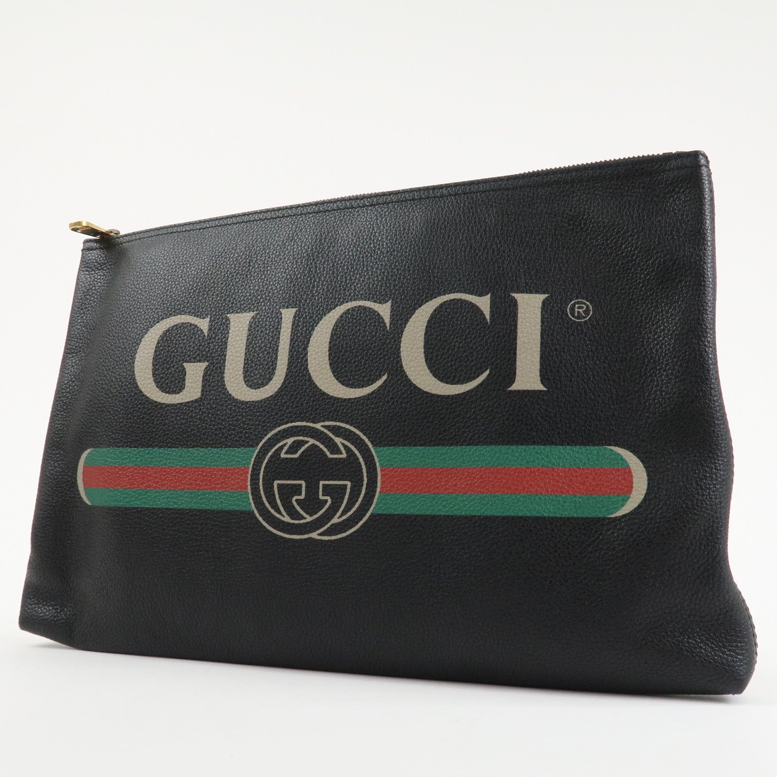 GUCCI Logo Print Leather Portfolio Clutch Bag Black 500984 Used