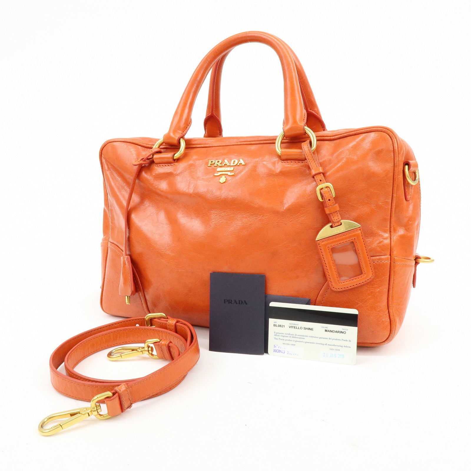 PRADA Logo Leather Boston Bag Hand Bag Shoulder Bag Orange BL0821
