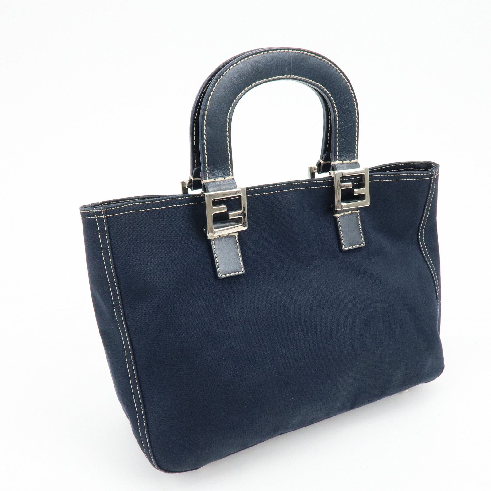 FENDI Canvas Leather Hand Bag Tote Bag Navy