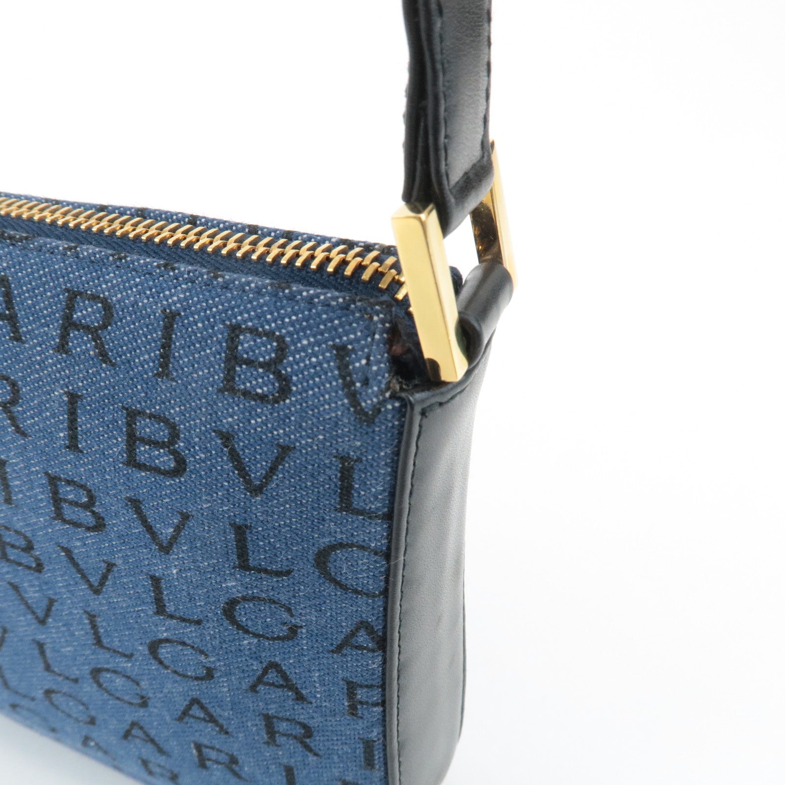 BVLGARI Logo Mania Denim Shoulder Bag Black Navy Blue Used