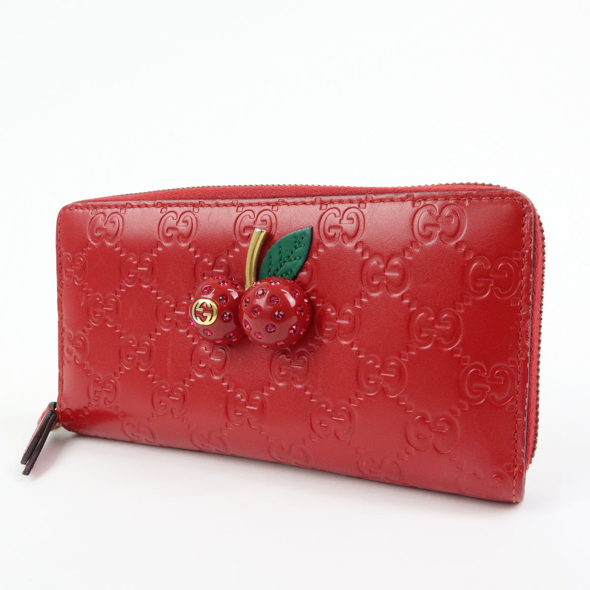 GUCCI Guccissima Leather Cherry Round Zippy Long Wallet Red 476049
