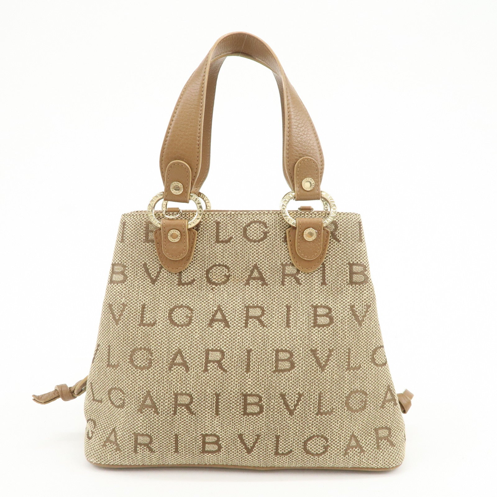 BVLGARI Logo Mania Canvas Leather Hand Bag Light Brown