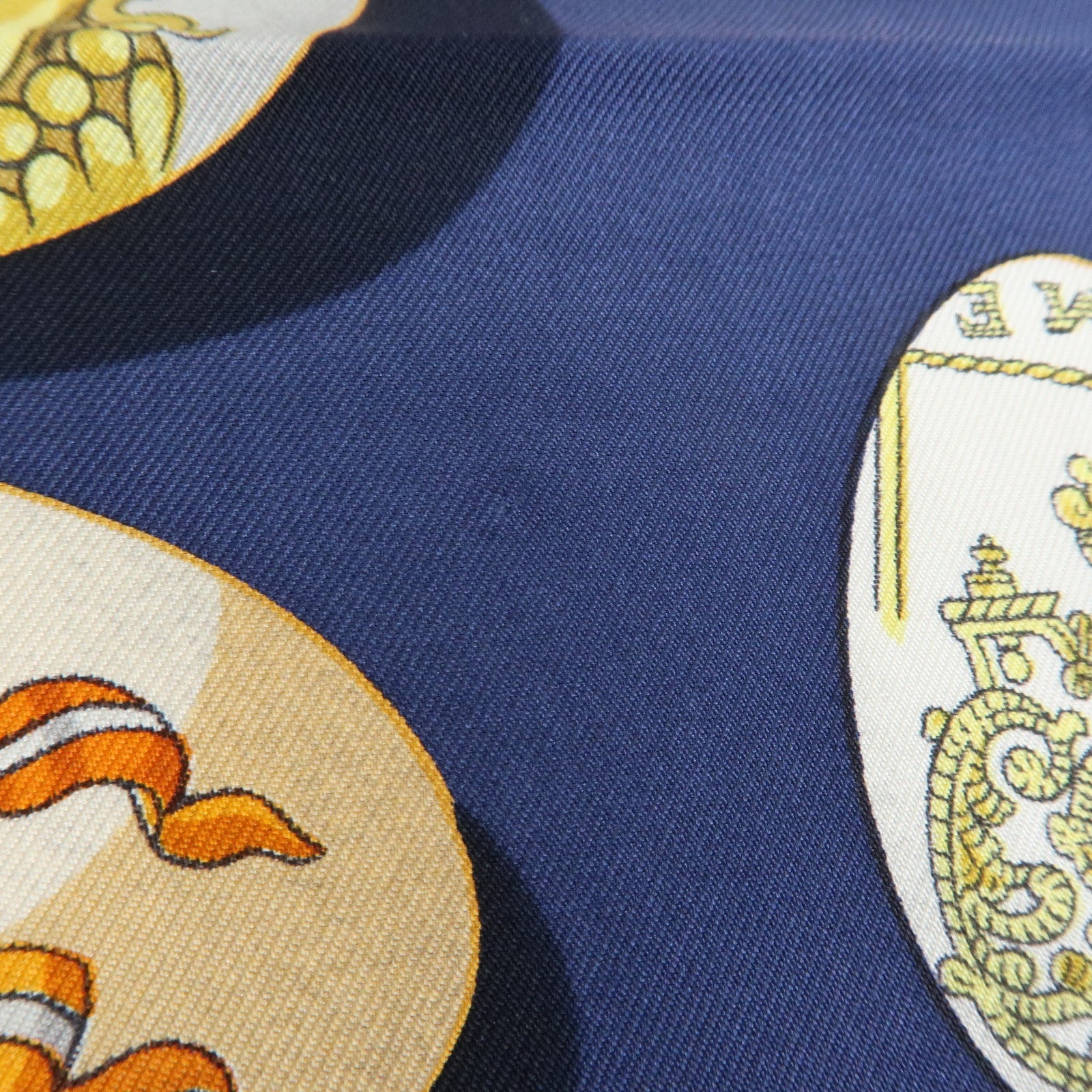 HERMES Carre 90 Silk 100% Scarf COUVEE D HERMES Egg Print Navy Gold
